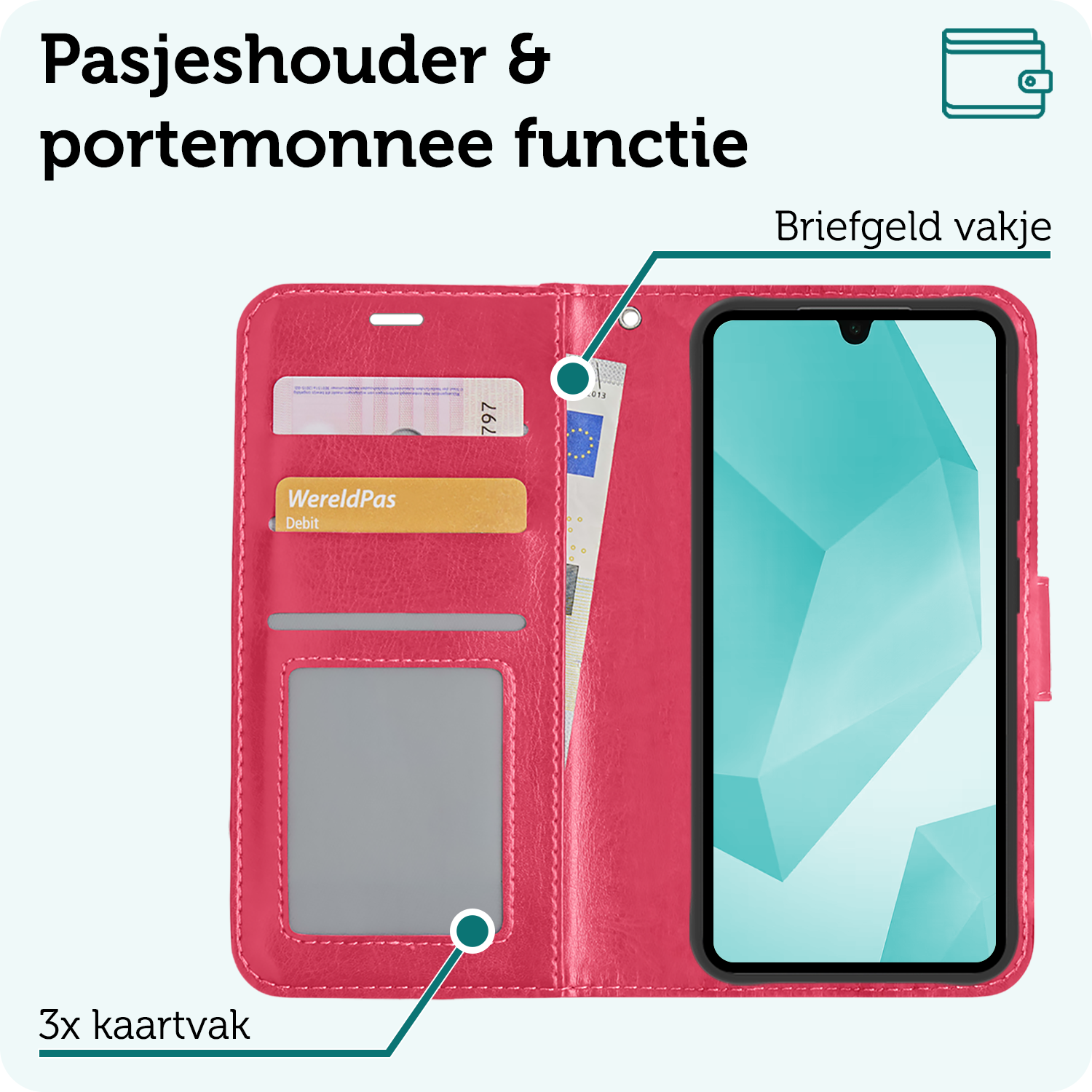 Forterra Hoesje Geschikt voor Samsung A16 Book Case Kunstleer Hoes - Hoes Geschikt voor Samsung Galaxy A16 Hoesje Bookcase Met Pasjeshouder - Donkerroze