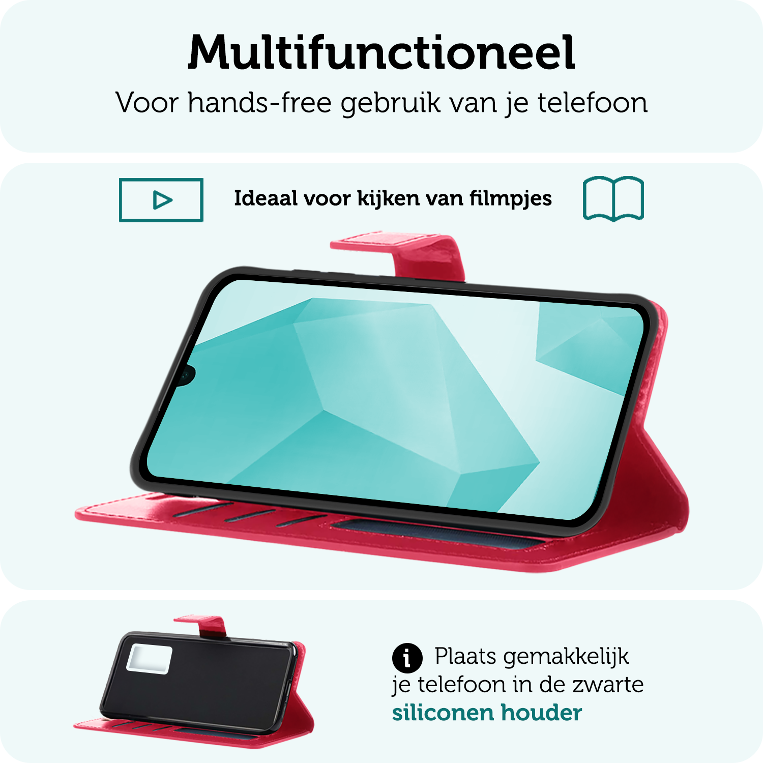 Forterra Hoesje Geschikt voor Samsung A16 Book Case Kunstleer Hoes - Hoes Geschikt voor Samsung Galaxy A16 Hoesje Bookcase Met Pasjeshouder - Donkerroze