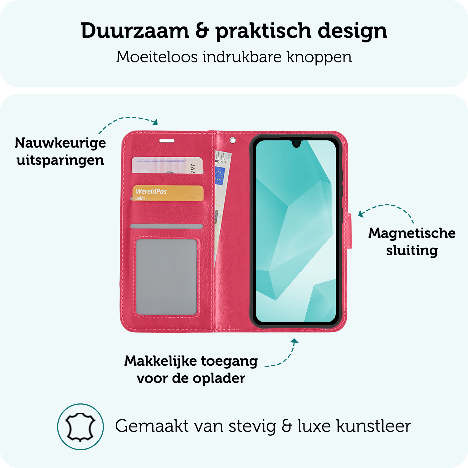 Forterra Hoesje Geschikt voor Samsung A16 Book Case Kunstleer Hoes - Hoes Geschikt voor Samsung Galaxy A16 Hoesje Bookcase Met Pasjeshouder - Donkerroze