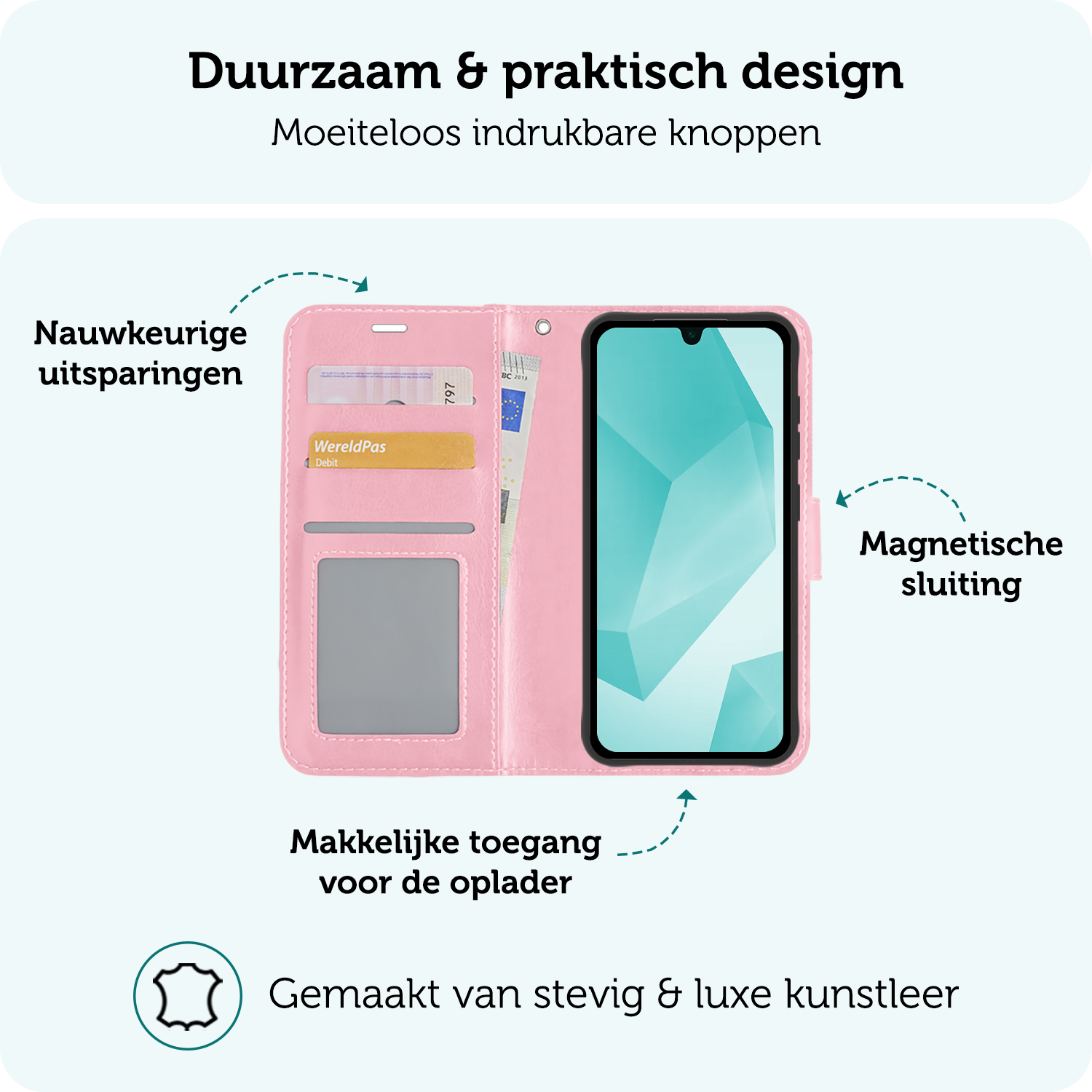 Forterra Hoesje Geschikt voor Samsung A16 Book Case Kunstleer Hoes - Hoes Geschikt voor Samsung Galaxy A16 Hoesje Bookcase Met Pasjeshouder - Lichtroze