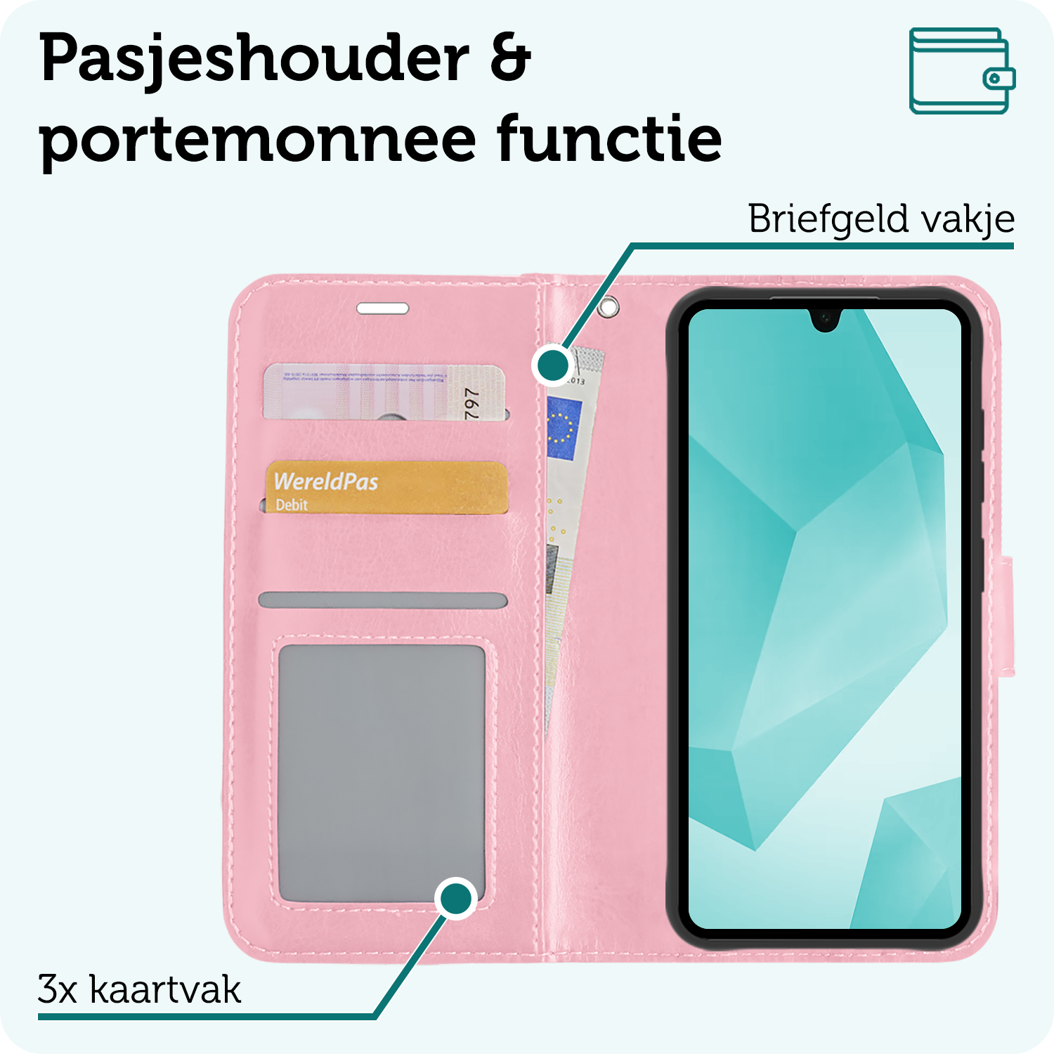 Forterra Hoesje Geschikt voor Samsung A16 Book Case Kunstleer Hoes - Hoes Geschikt voor Samsung Galaxy A16 Hoesje Bookcase Met Pasjeshouder - Lichtroze