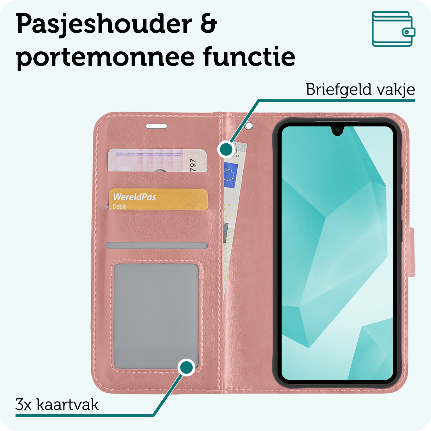 Forterra Hoesje Geschikt voor Samsung A16 Book Case Kunstleer Hoes - Hoes Geschikt voor Samsung Galaxy A16 Hoesje Bookcase Met Pasjeshouder - Rosé goud