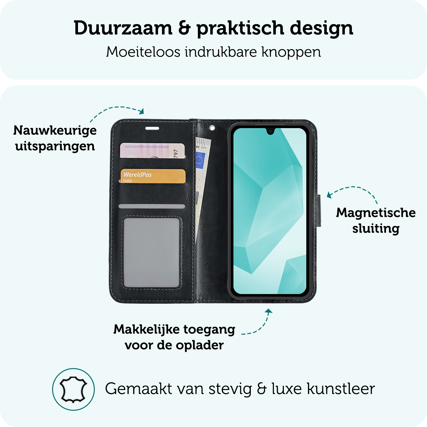 Forterra Hoesje Geschikt voor Samsung A16 Book Case Kunstleer Hoes - Hoes Geschikt voor Samsung Galaxy A16 Hoesje Bookcase Met Pasjeshouder - Zwart
