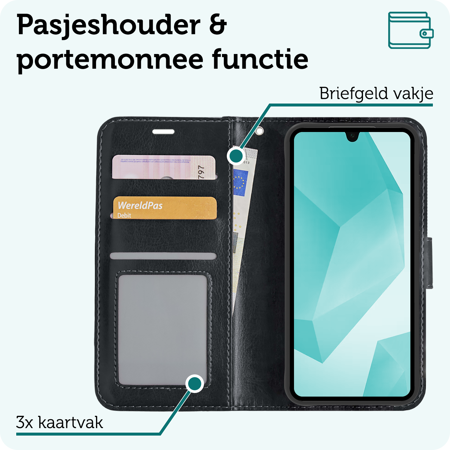 Forterra Hoesje Geschikt voor Samsung A16 Book Case Kunstleer Hoes - Hoes Geschikt voor Samsung Galaxy A16 Hoesje Bookcase Met Pasjeshouder - Zwart