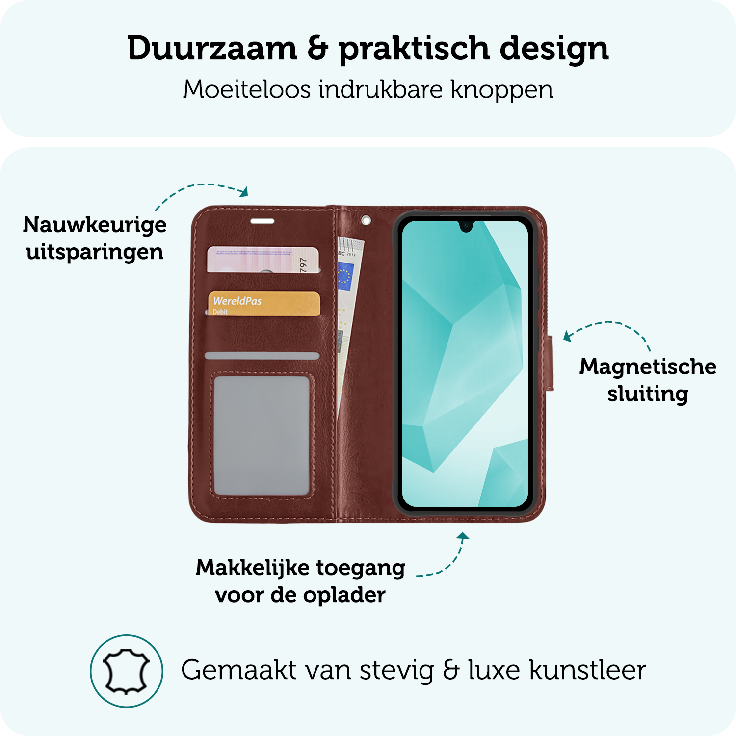 Forterra Hoesje Geschikt voor Samsung A16 Book Case Kunstleer Hoes Met Screenprotector - Hoes Geschikt voor Samsung Galaxy A16 Hoesje Bookcase Met Pasjeshouder - Bruin