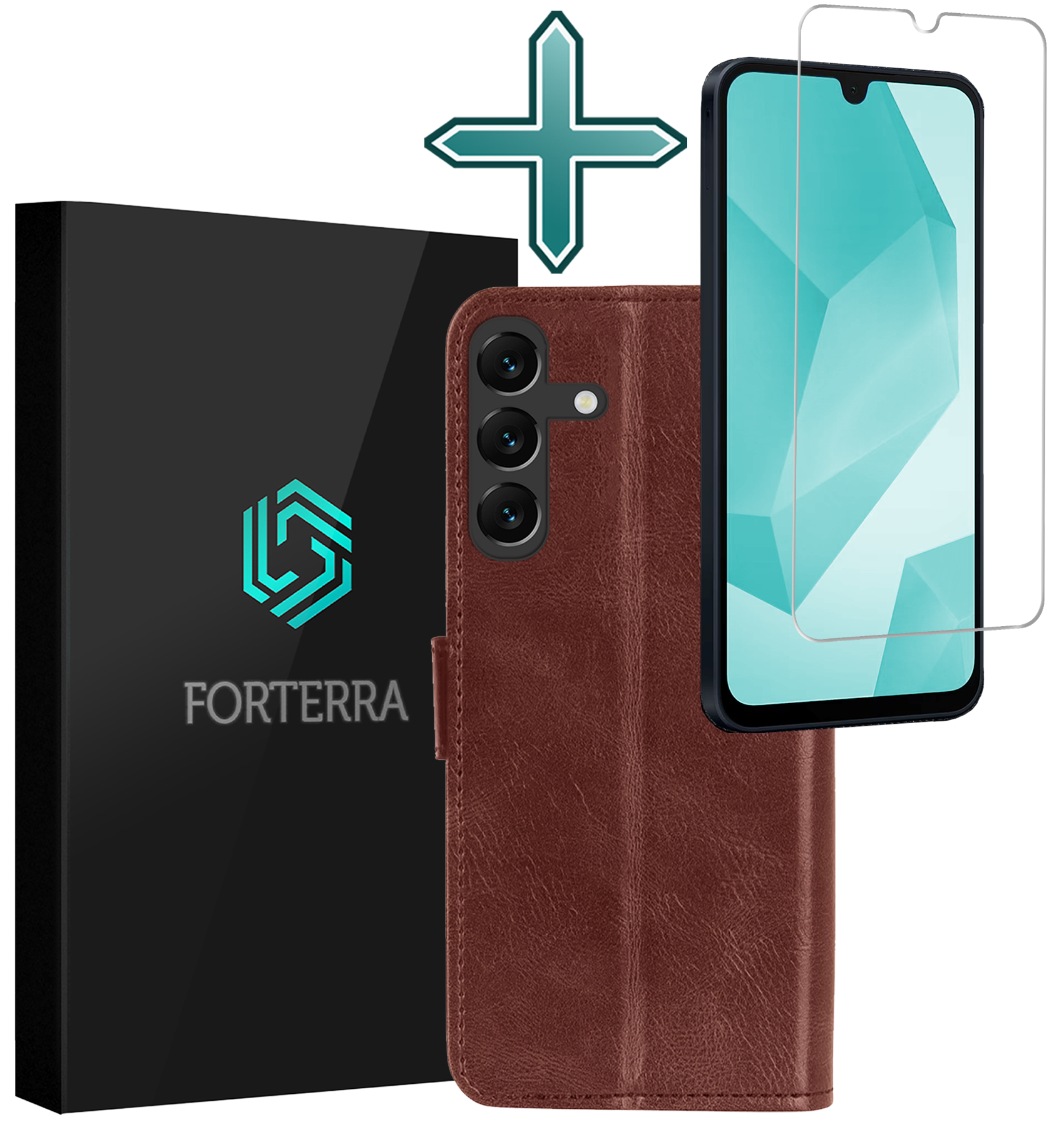 Forterra Hoesje Geschikt voor Samsung A16 Book Case Kunstleer Hoes Met Screenprotector - Hoes Geschikt voor Samsung Galaxy A16 Hoesje Bookcase Met Pasjeshouder - Bruin