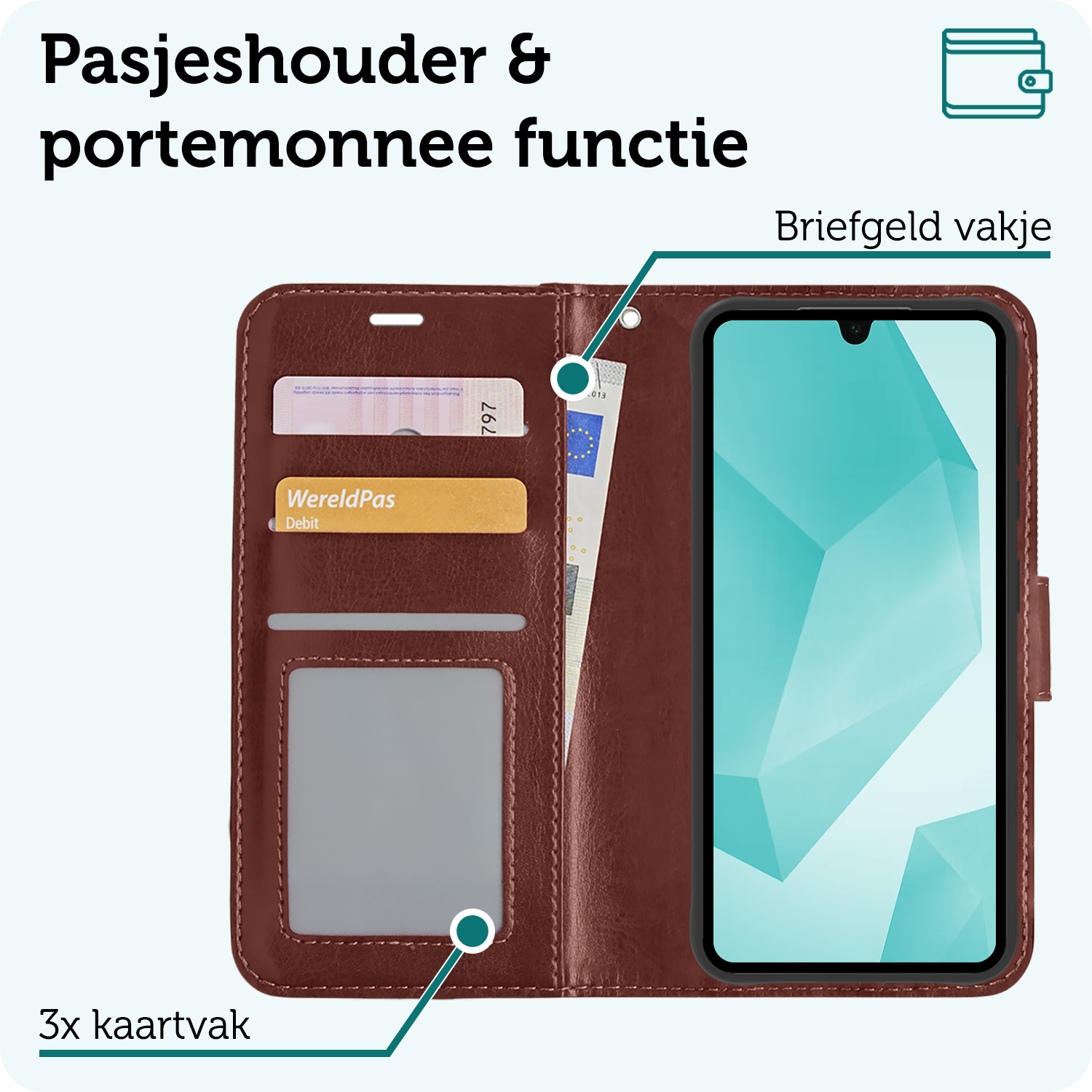 Forterra Hoesje Geschikt voor Samsung A16 Book Case Kunstleer Hoes Met Screenprotector - Hoes Geschikt voor Samsung Galaxy A16 Hoesje Bookcase Met Pasjeshouder - Bruin