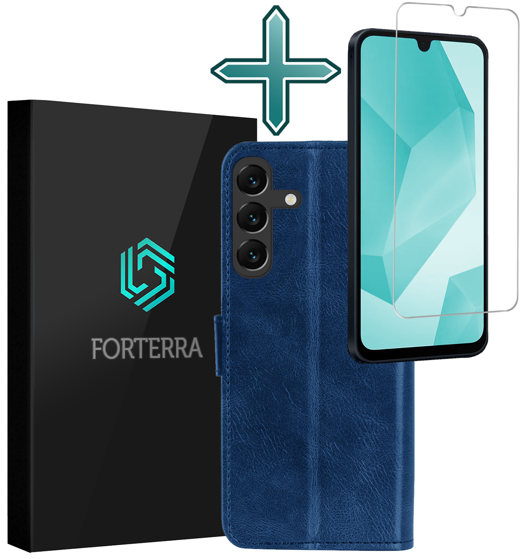 Forterra Hoesje Geschikt voor Samsung A16 Book Case Kunstleer Hoes Met Screenprotector - Hoes Geschikt voor Samsung Galaxy A16 Hoesje Bookcase Met Pasjeshouder - Donkerblauw