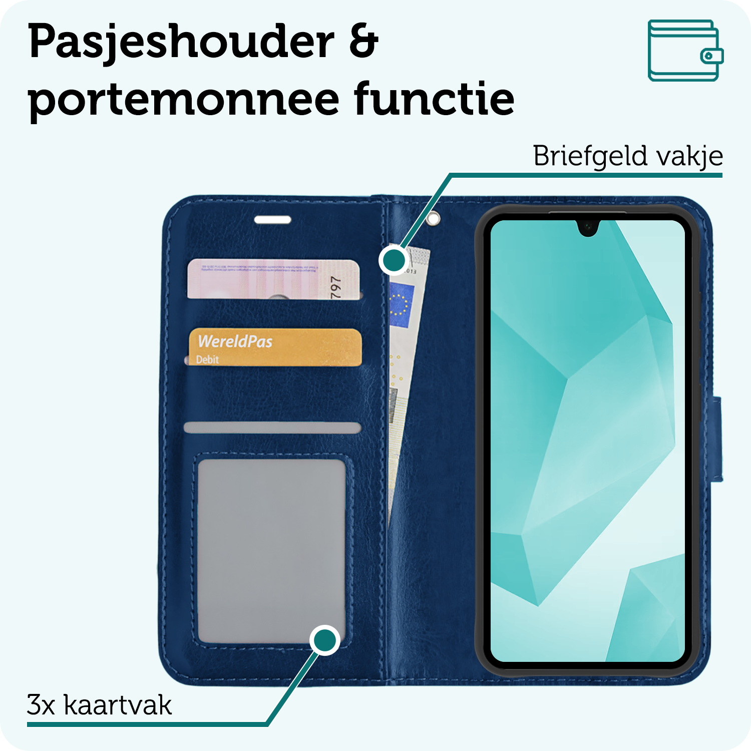 Forterra Hoesje Geschikt voor Samsung A16 Book Case Kunstleer Hoes Met Screenprotector - Hoes Geschikt voor Samsung Galaxy A16 Hoesje Bookcase Met Pasjeshouder - Donkerblauw