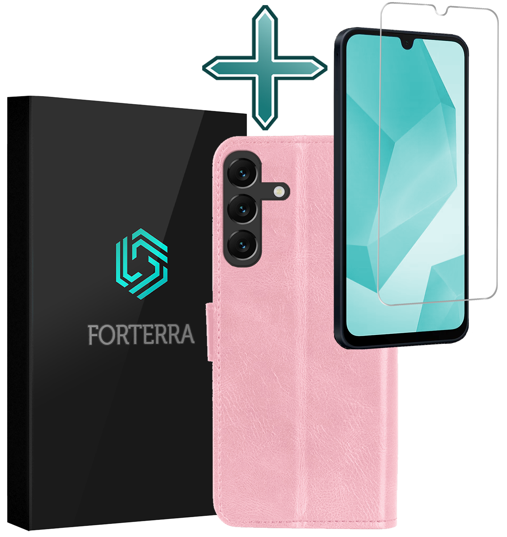 Forterra Hoesje Geschikt voor Samsung A16 Book Case Kunstleer Hoes Met Screenprotector - Hoes Geschikt voor Samsung Galaxy A16 Hoesje Bookcase Met Pasjeshouder - Lichtroze
