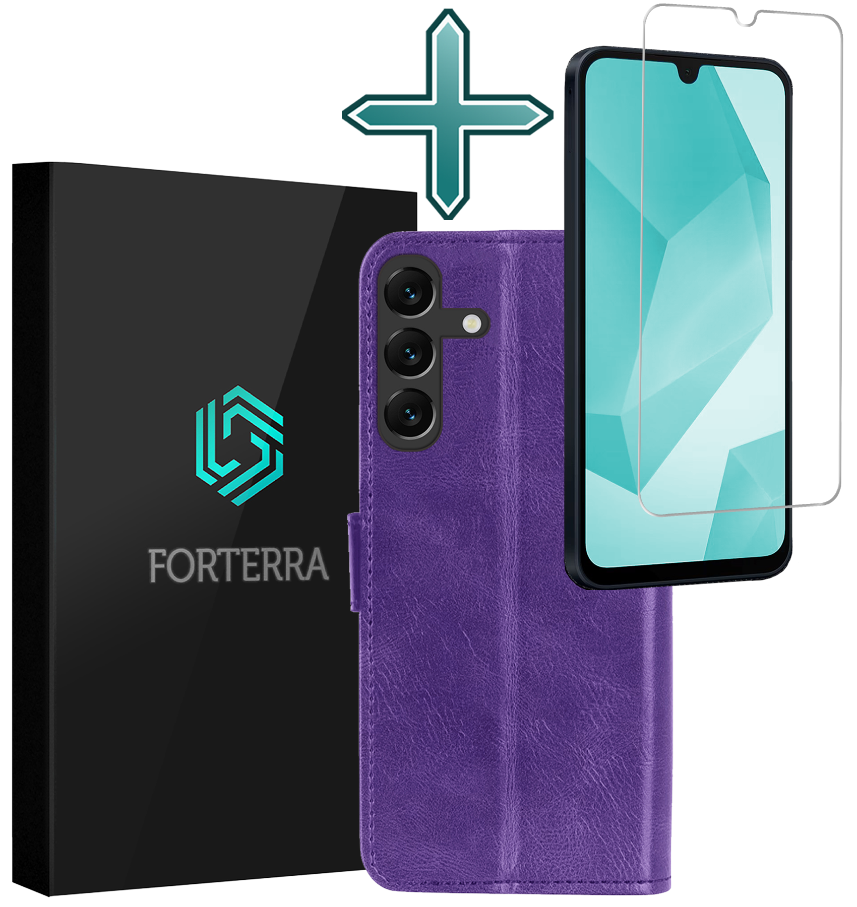 Forterra Hoesje Geschikt voor Samsung A16 Book Case Kunstleer Hoes Met Screenprotector - Hoes Geschikt voor Samsung Galaxy A16 Hoesje Bookcase Met Pasjeshouder - Paars