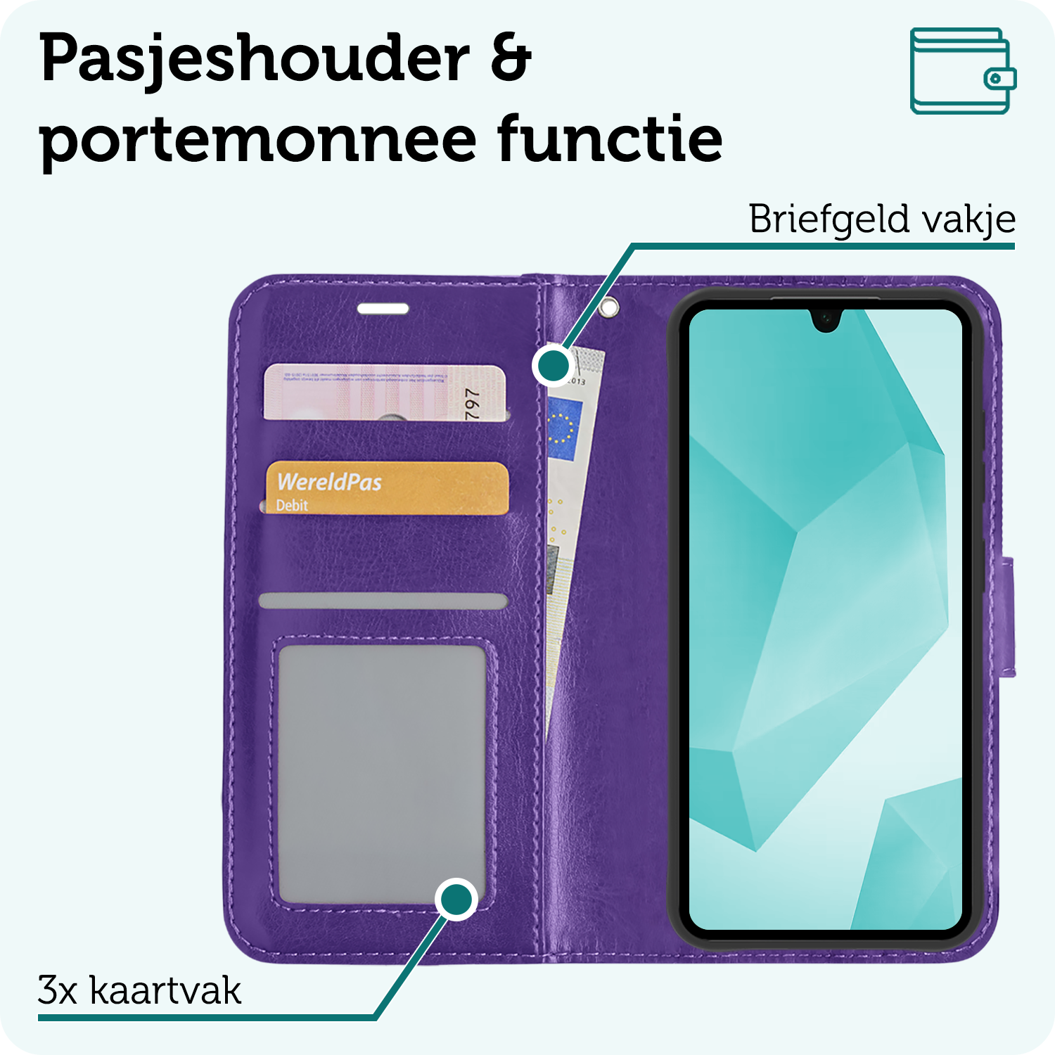 Forterra Hoesje Geschikt voor Samsung A16 Book Case Kunstleer Hoes Met Screenprotector - Hoes Geschikt voor Samsung Galaxy A16 Hoesje Bookcase Met Pasjeshouder - Paars