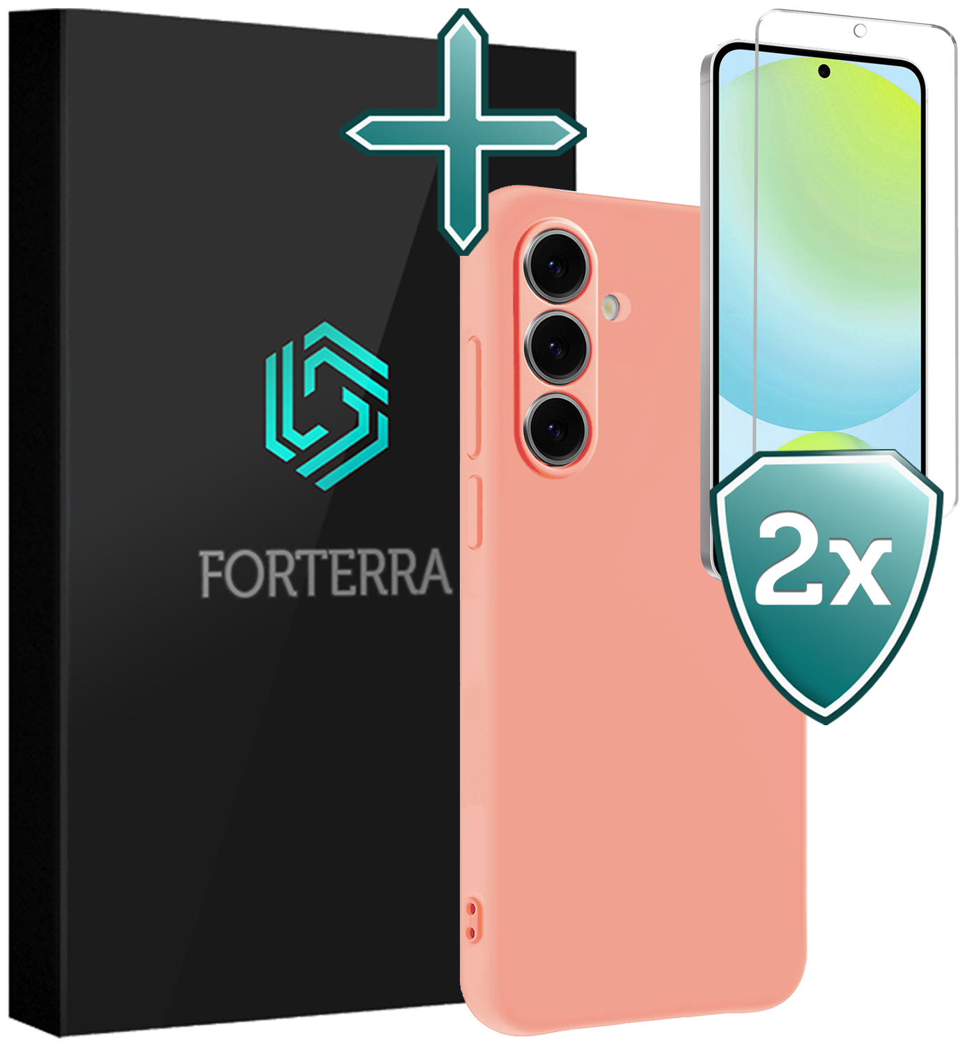 Forterra Hoesje Geschikt voor Samsung S24 FE Case Siliconen Hoes Met 2x Screenprotector - Hoes Geschikt voor Samsung Galaxy S24 FE Hoesje Back Cover - Perzik