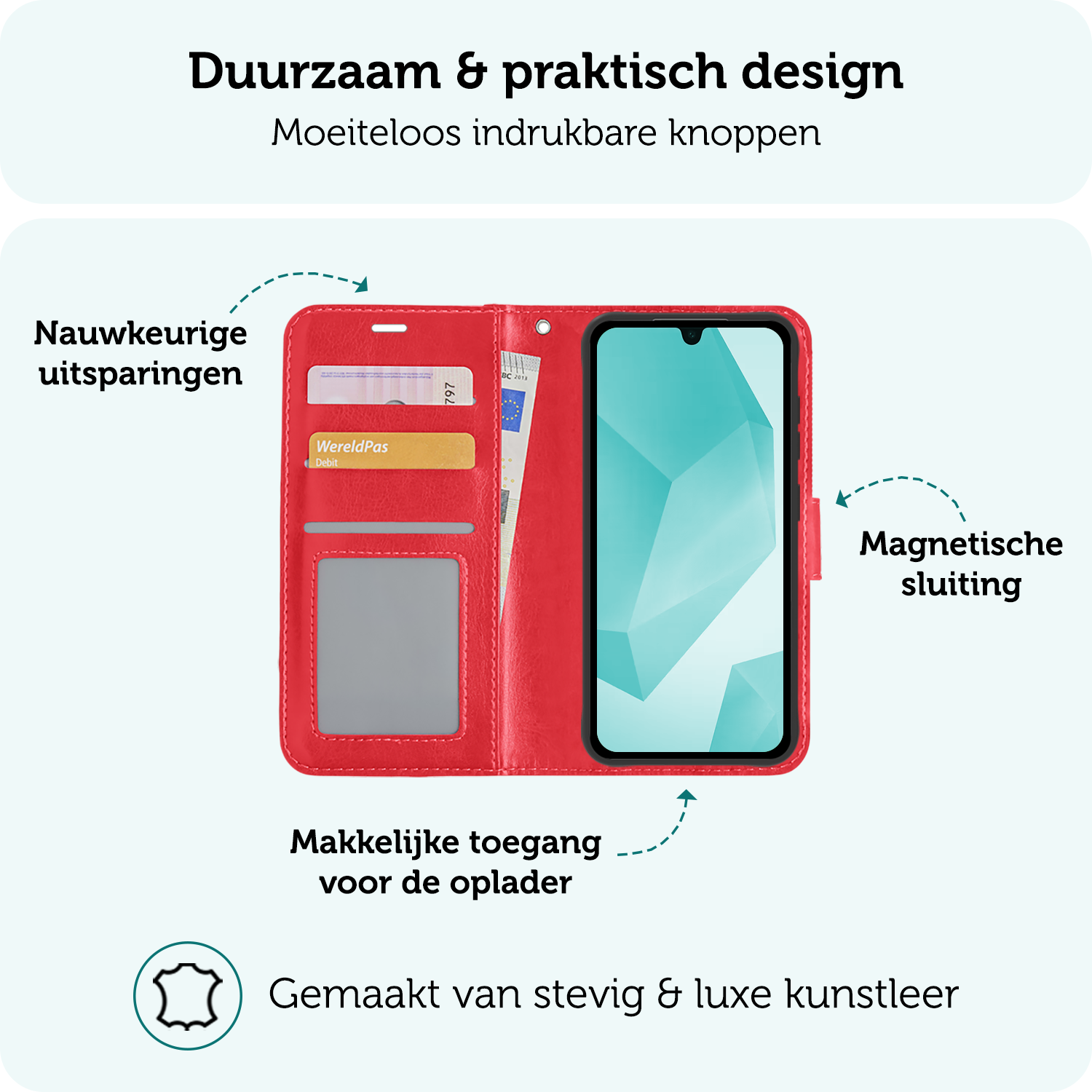 Forterra Hoesje Geschikt voor Samsung A16 Book Case Kunstleer Hoes Met Screenprotector - Hoes Geschikt voor Samsung Galaxy A16 Hoesje Bookcase Met Pasjeshouder - Rood