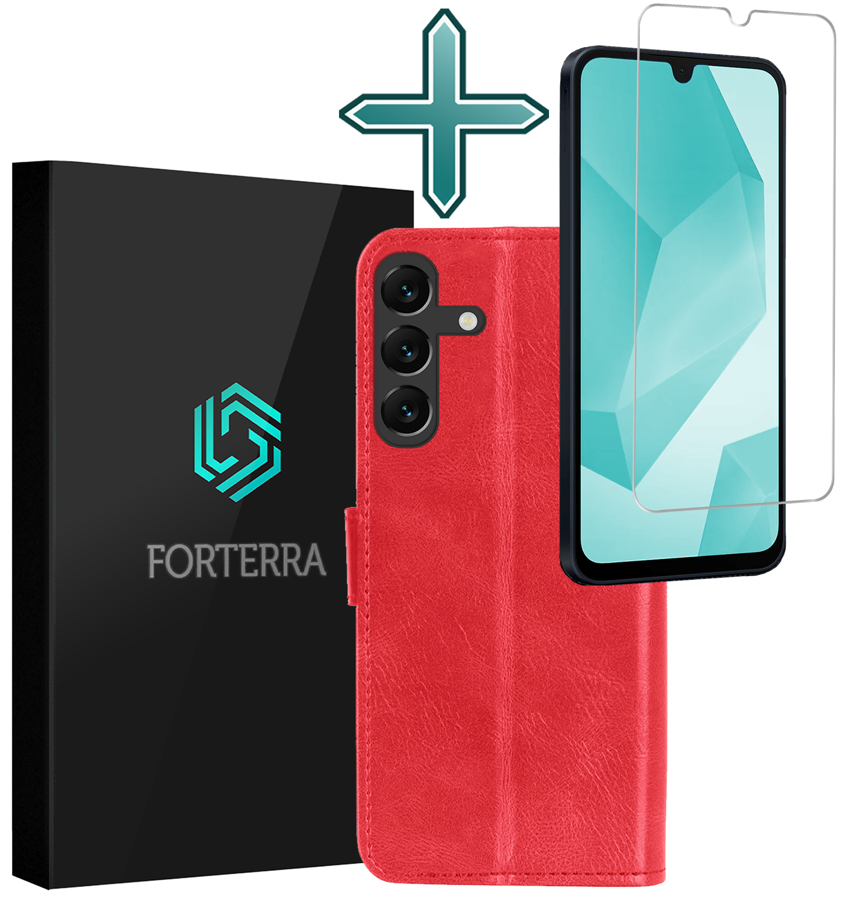 Forterra Hoesje Geschikt voor Samsung A16 Book Case Kunstleer Hoes Met Screenprotector - Hoes Geschikt voor Samsung Galaxy A16 Hoesje Bookcase Met Pasjeshouder - Rood