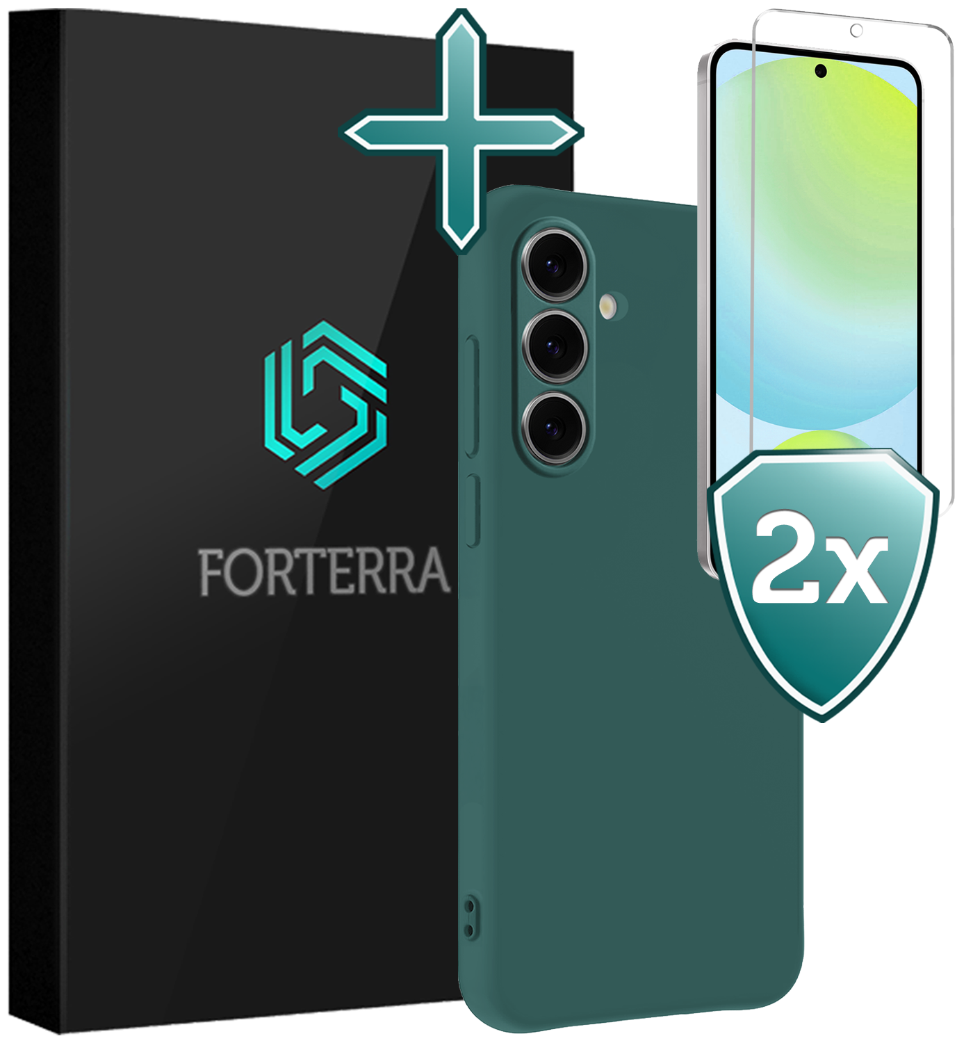 Forterra Hoesje Geschikt voor Samsung S24 FE Case Siliconen Hoes Met 2x Screenprotector - Hoes Geschikt voor Samsung Galaxy S24 FE Hoesje Back Cover - Donkergroen