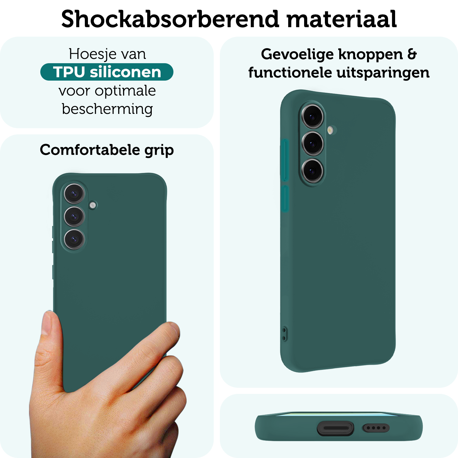 Forterra Hoesje Geschikt voor Samsung S24 FE Case Siliconen Hoes Met 2x Screenprotector - Hoes Geschikt voor Samsung Galaxy S24 FE Hoesje Back Cover - Donkergroen