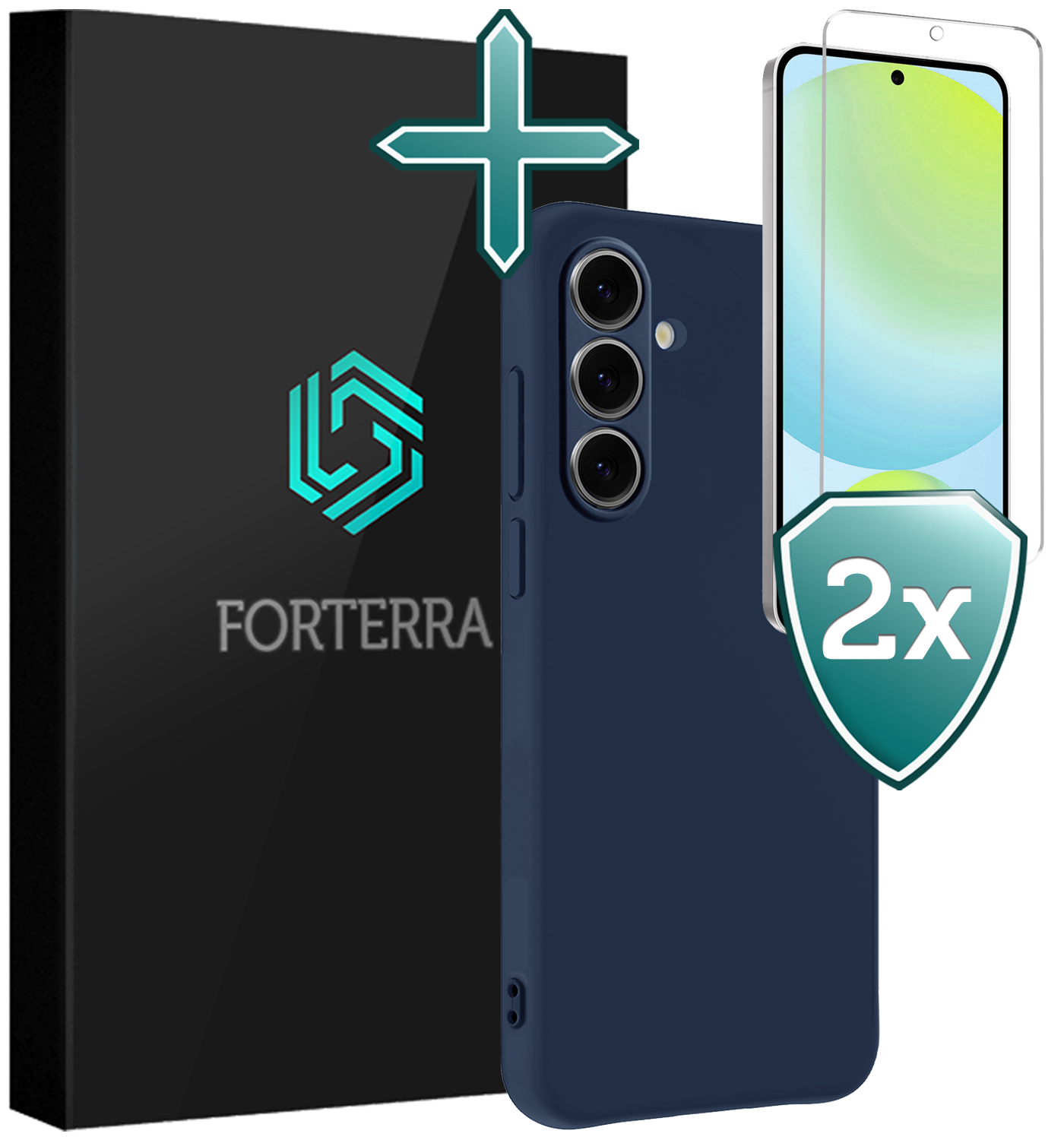 Forterra Hoesje Geschikt voor Samsung S24 FE Case Siliconen Hoes Met 2x Screenprotector - Hoes Geschikt voor Samsung Galaxy S24 FE Hoesje Back Cover - Donkerblauw