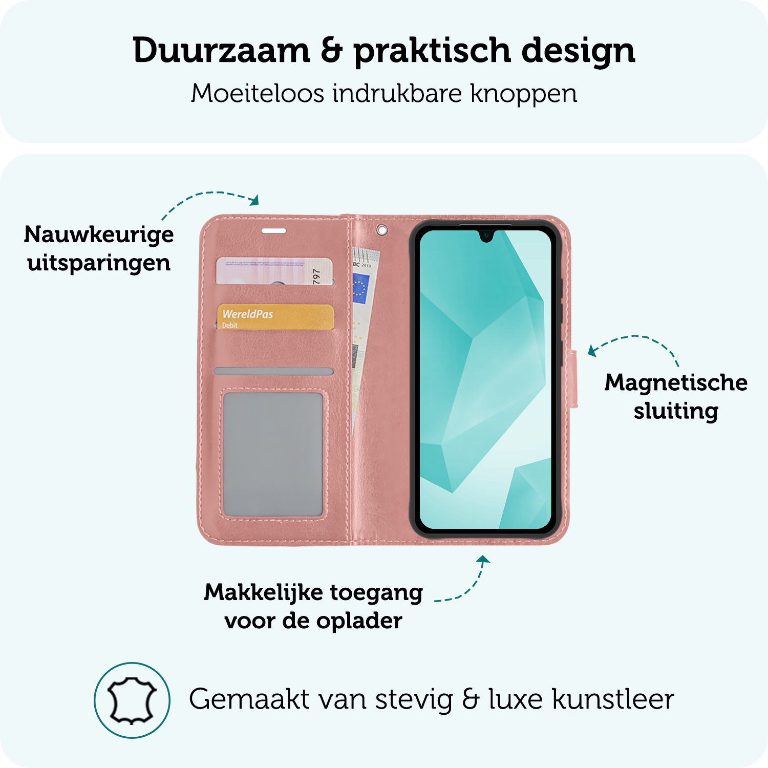 Forterra Hoesje Geschikt voor Samsung A16 Book Case Kunstleer Hoes Met Screenprotector - Hoes Geschikt voor Samsung Galaxy A16 Hoesje Bookcase Met Pasjeshouder - Rosé goud