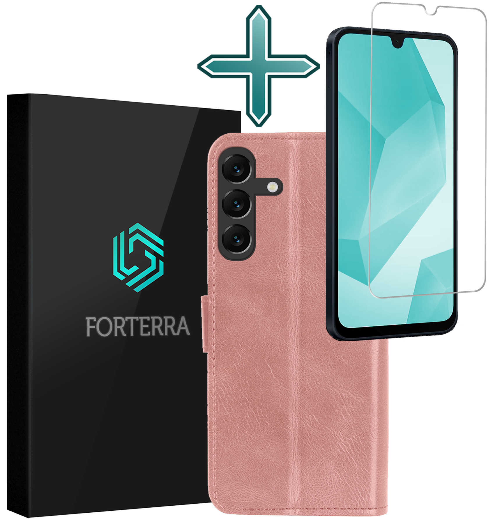 Forterra Hoesje Geschikt voor Samsung A16 Book Case Kunstleer Hoes Met Screenprotector - Hoes Geschikt voor Samsung Galaxy A16 Hoesje Bookcase Met Pasjeshouder - Rosé goud