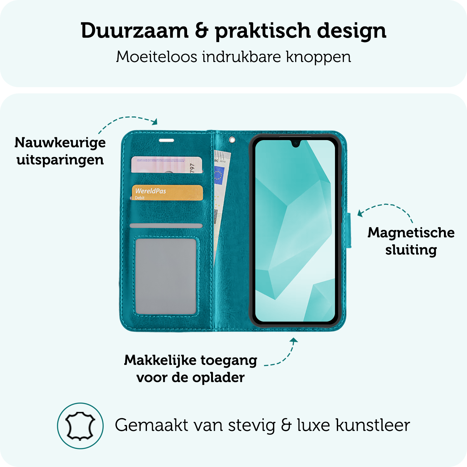 Forterra Hoesje Geschikt voor Samsung A16 Book Case Kunstleer Hoes Met Screenprotector - Hoes Geschikt voor Samsung Galaxy A16 Hoesje Bookcase Met Pasjeshouder - Turquoise