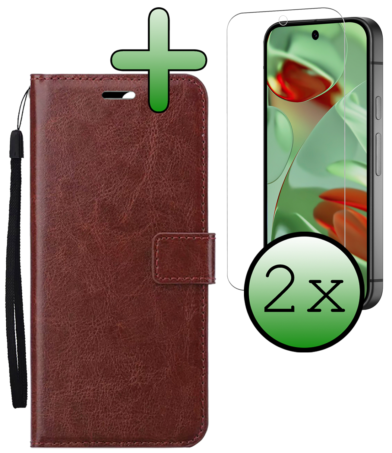 BASEY. Hoesje Geschikt voor Google Pixel 9 Pro Hoesje Book Case Hoes Portemonnee Cover Walletcase Met 2x Screenprotector - Hoes Geschikt voor Google Pixel 9 Pro Hoes Bookcase Hoesje - Bruin