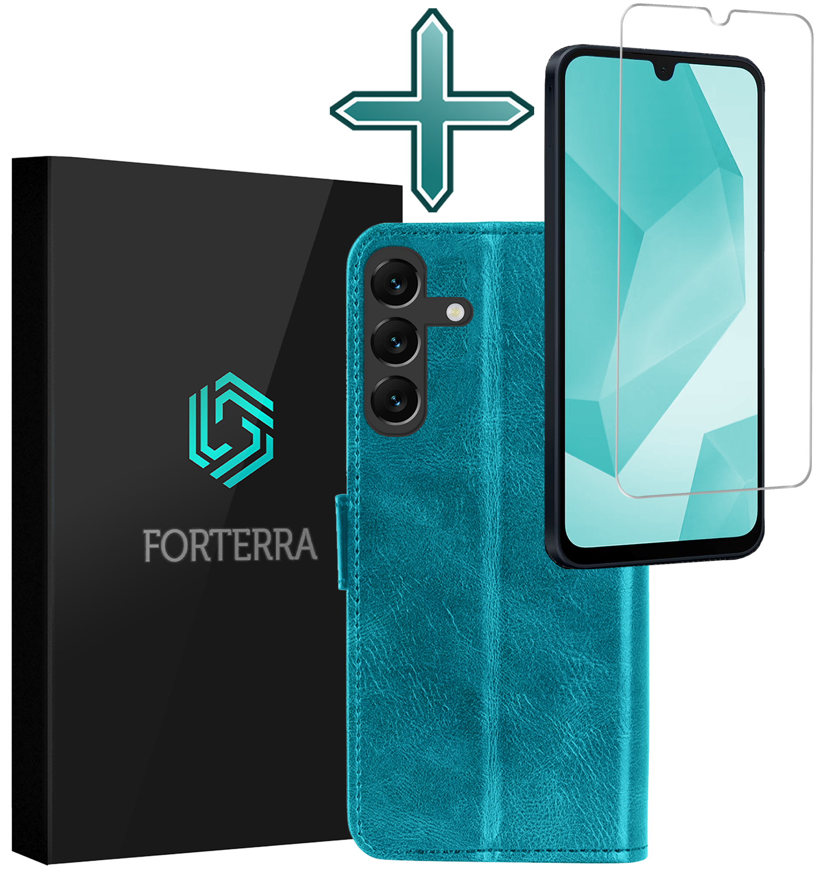 Forterra Hoesje Geschikt voor Samsung A16 Book Case Kunstleer Hoes Met Screenprotector - Hoes Geschikt voor Samsung Galaxy A16 Hoesje Bookcase Met Pasjeshouder - Turquoise