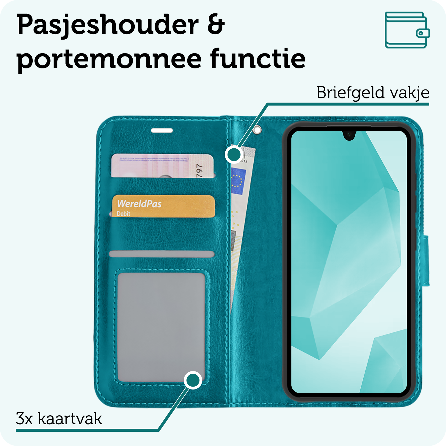 Forterra Hoesje Geschikt voor Samsung A16 Book Case Kunstleer Hoes Met Screenprotector - Hoes Geschikt voor Samsung Galaxy A16 Hoesje Bookcase Met Pasjeshouder - Turquoise