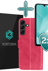 Forterra Hoesje Geschikt voor Samsung A16 Book Case Kunstleer Hoes Met 2x Screenprotector - Hoes Geschikt voor Samsung Galaxy A16 Hoesje Bookcase Met Pasjeshouder - Donkerroze