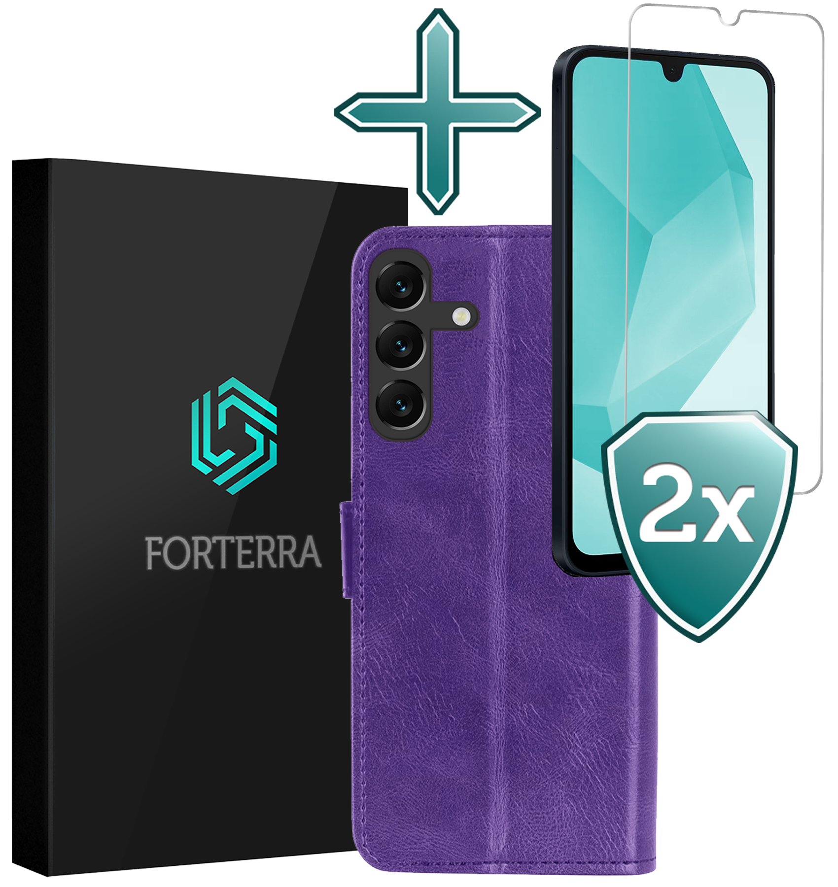 Forterra Hoesje Geschikt voor Samsung A16 Book Case Kunstleer Hoes Met 2x Screenprotector - Hoes Geschikt voor Samsung Galaxy A16 Hoesje Bookcase Met Pasjeshouder - Paars