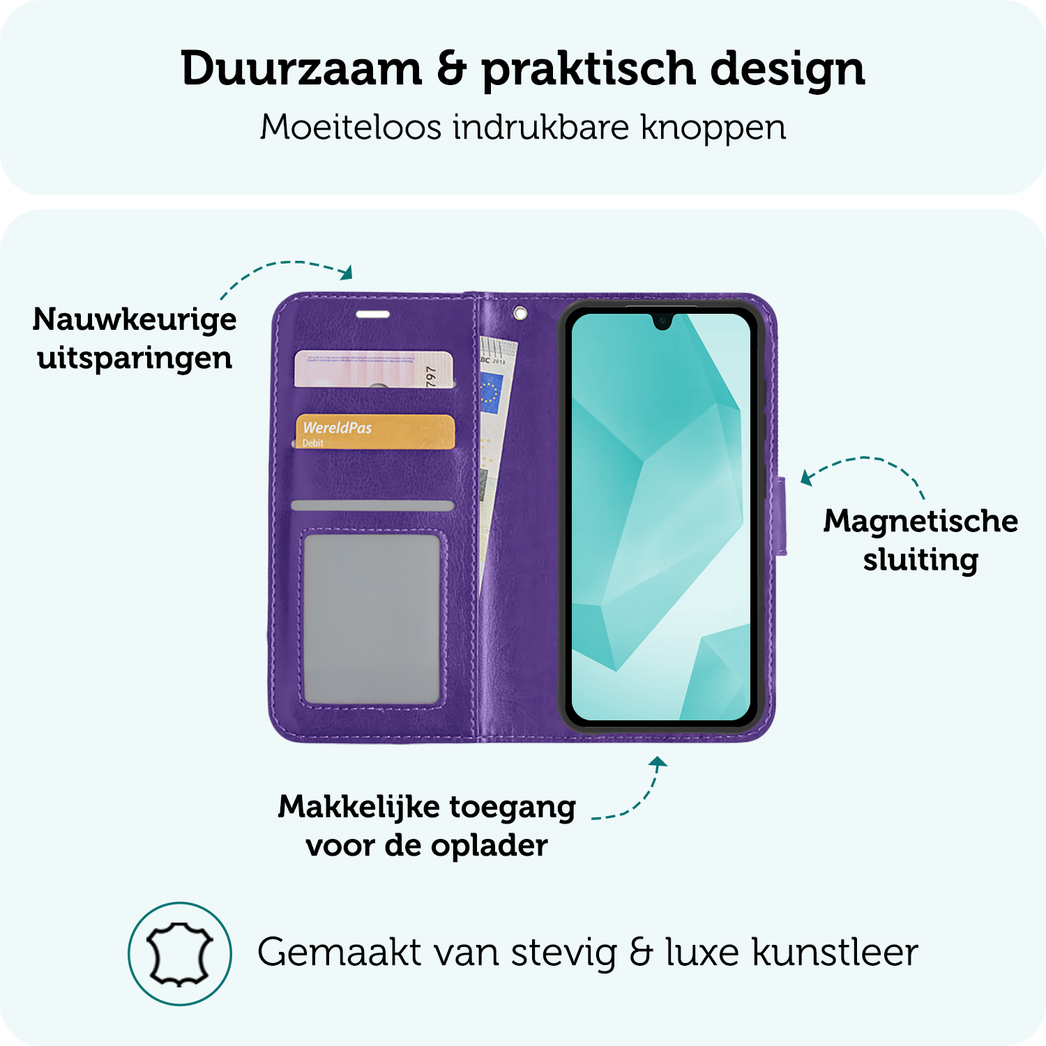 Forterra Hoesje Geschikt voor Samsung A16 Book Case Kunstleer Hoes Met 2x Screenprotector - Hoes Geschikt voor Samsung Galaxy A16 Hoesje Bookcase Met Pasjeshouder - Paars