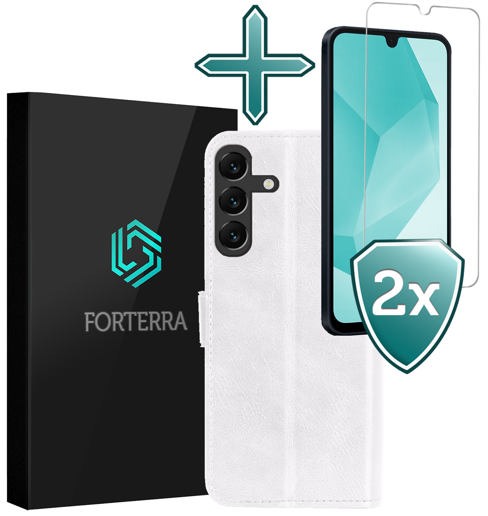 Forterra Hoesje Geschikt voor Samsung A16 Book Case Kunstleer Hoes Met 2x Screenprotector - Hoes Geschikt voor Samsung Galaxy A16 Hoesje Bookcase Met Pasjeshouder - Wit
