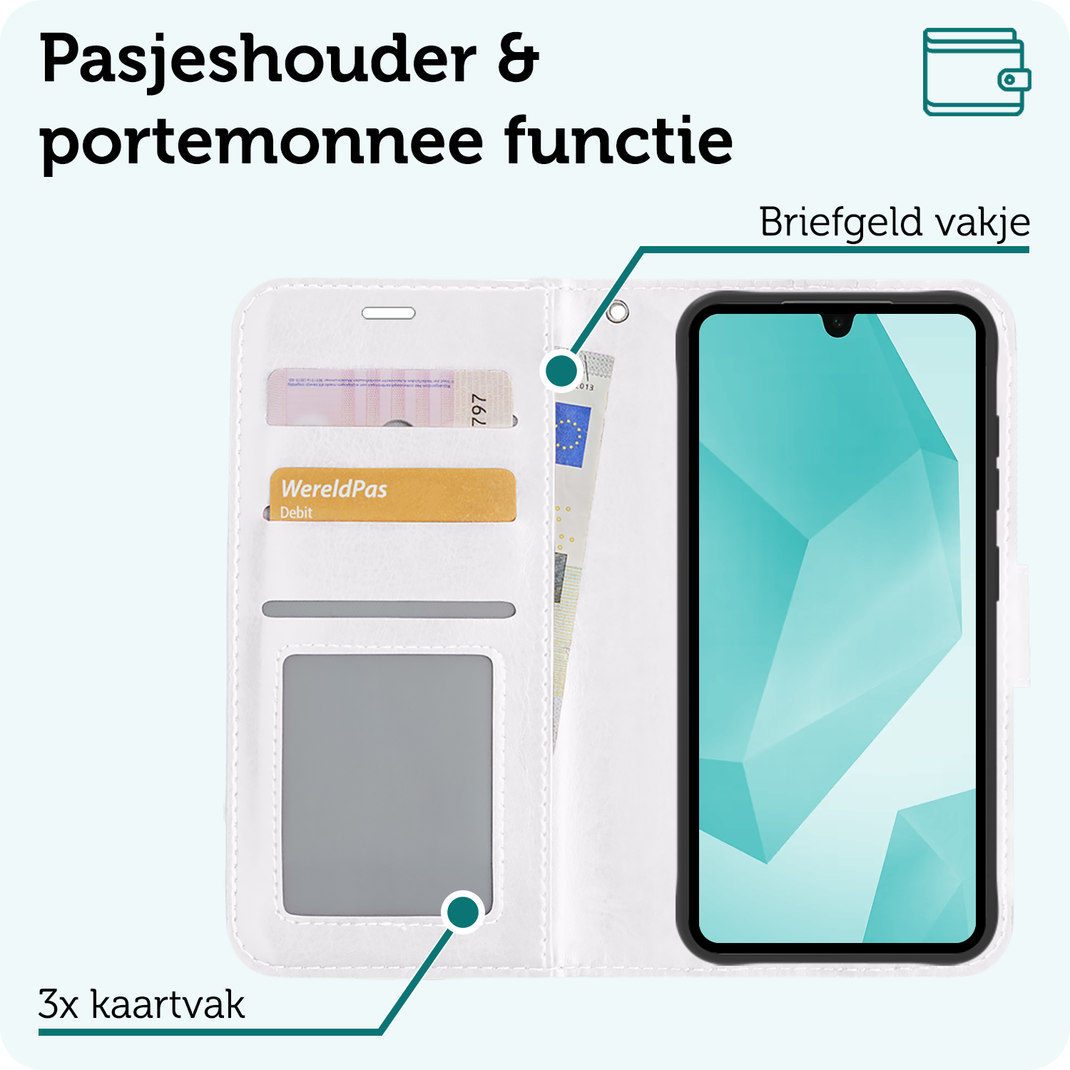 Forterra Hoesje Geschikt voor Samsung A16 Book Case Kunstleer Hoes Met 2x Screenprotector - Hoes Geschikt voor Samsung Galaxy A16 Hoesje Bookcase Met Pasjeshouder - Wit