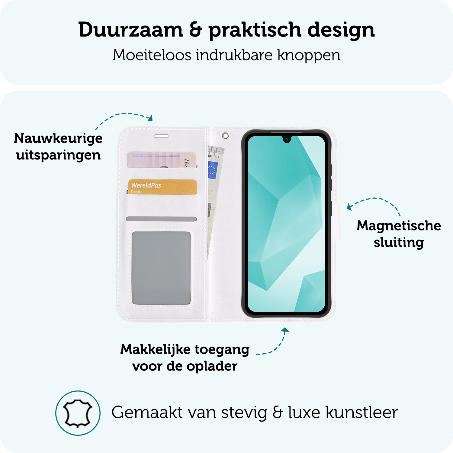 Forterra Hoesje Geschikt voor Samsung A16 Book Case Kunstleer Hoes Met 2x Screenprotector - Hoes Geschikt voor Samsung Galaxy A16 Hoesje Bookcase Met Pasjeshouder - Wit