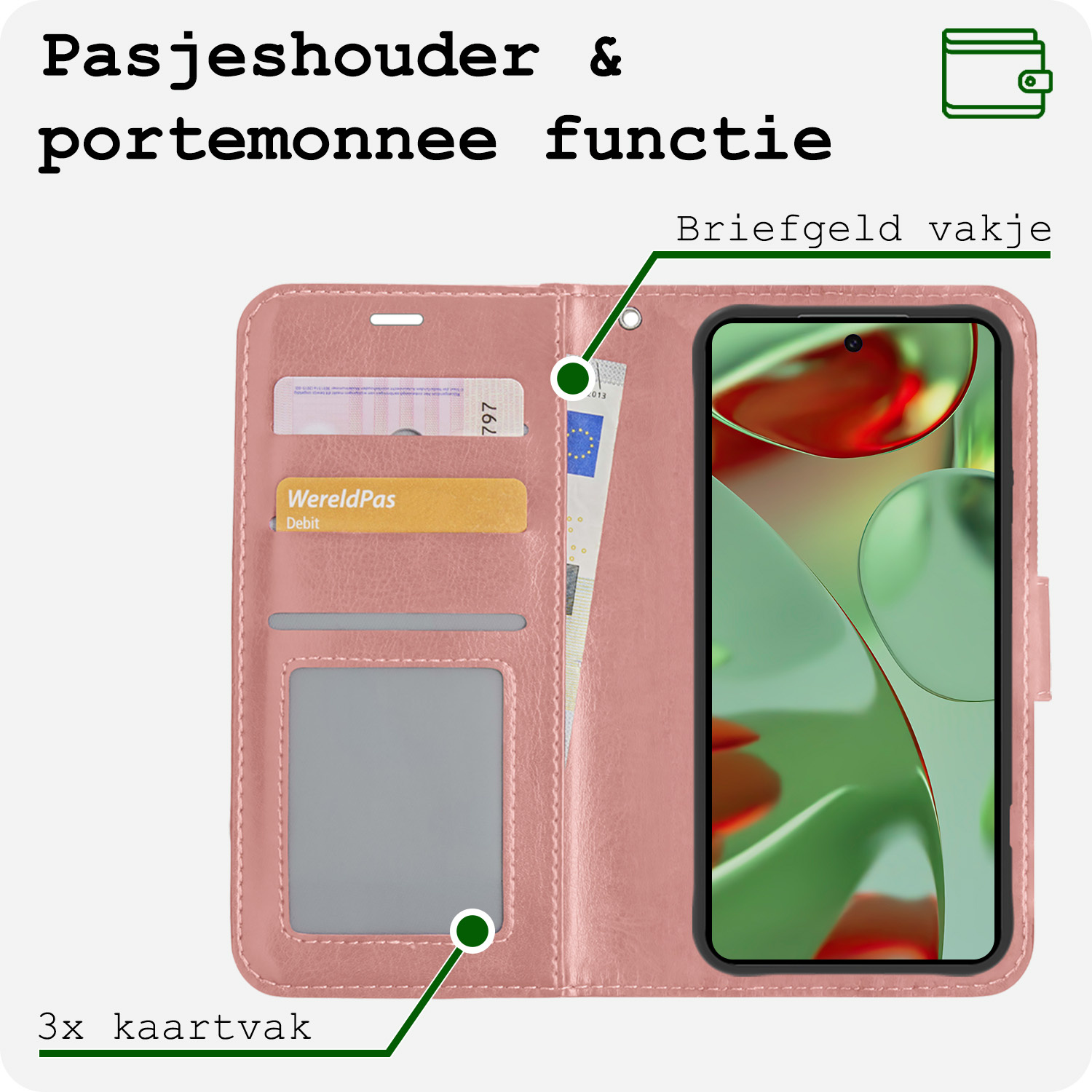 BASEY. Hoesje Geschikt voor Google Pixel 9 Pro Hoesje Book Case Hoes Portemonnee Cover Walletcase Met Screenprotector - Hoes Geschikt voor Google Pixel 9 Pro Hoes Bookcase Hoesje - Rosé goud