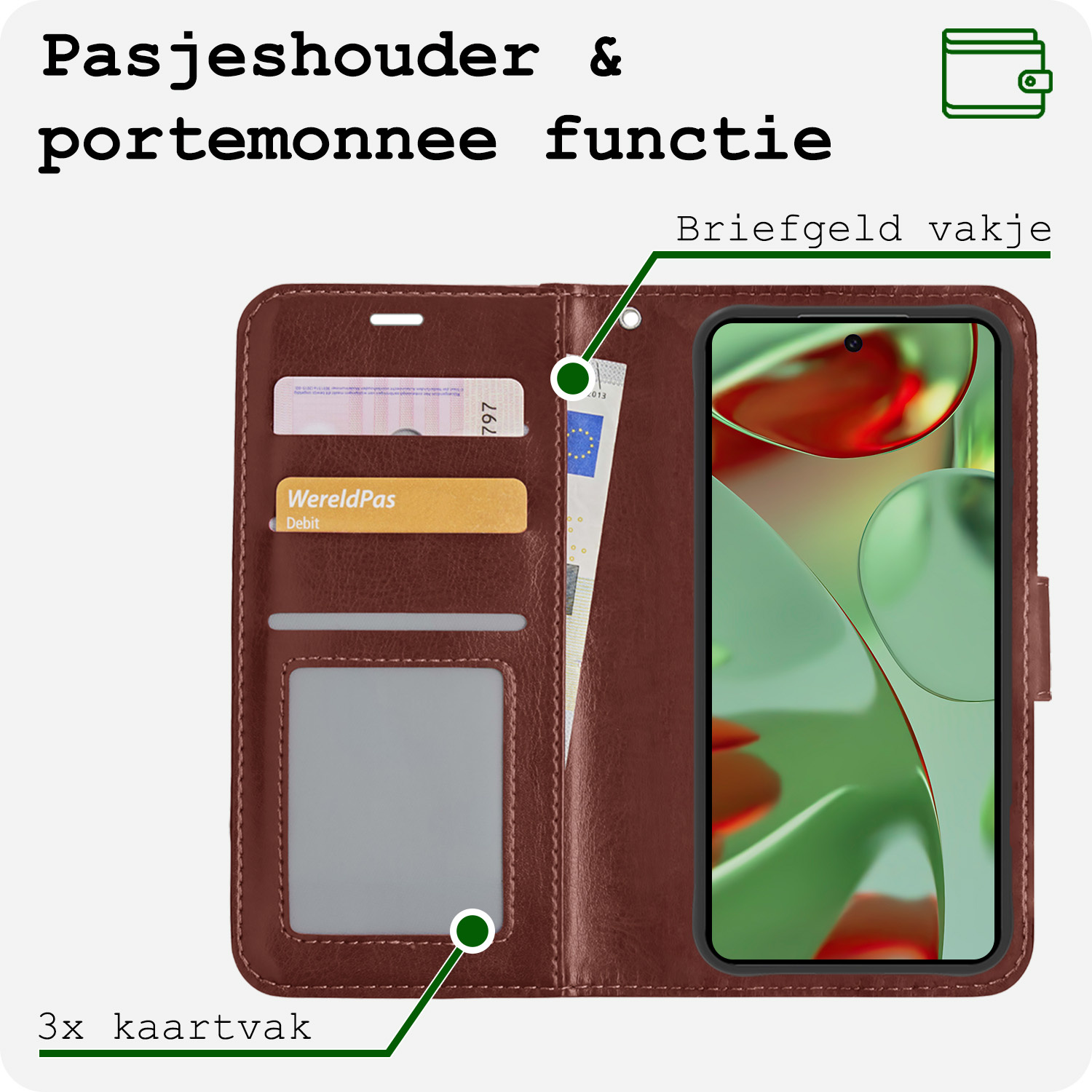 BASEY. Hoesje Geschikt voor Google Pixel 9 Pro Hoesje Book Case Hoes Portemonnee Cover Walletcase Met Screenprotector - Hoes Geschikt voor Google Pixel 9 Pro Hoes Bookcase Hoesje - Bruin