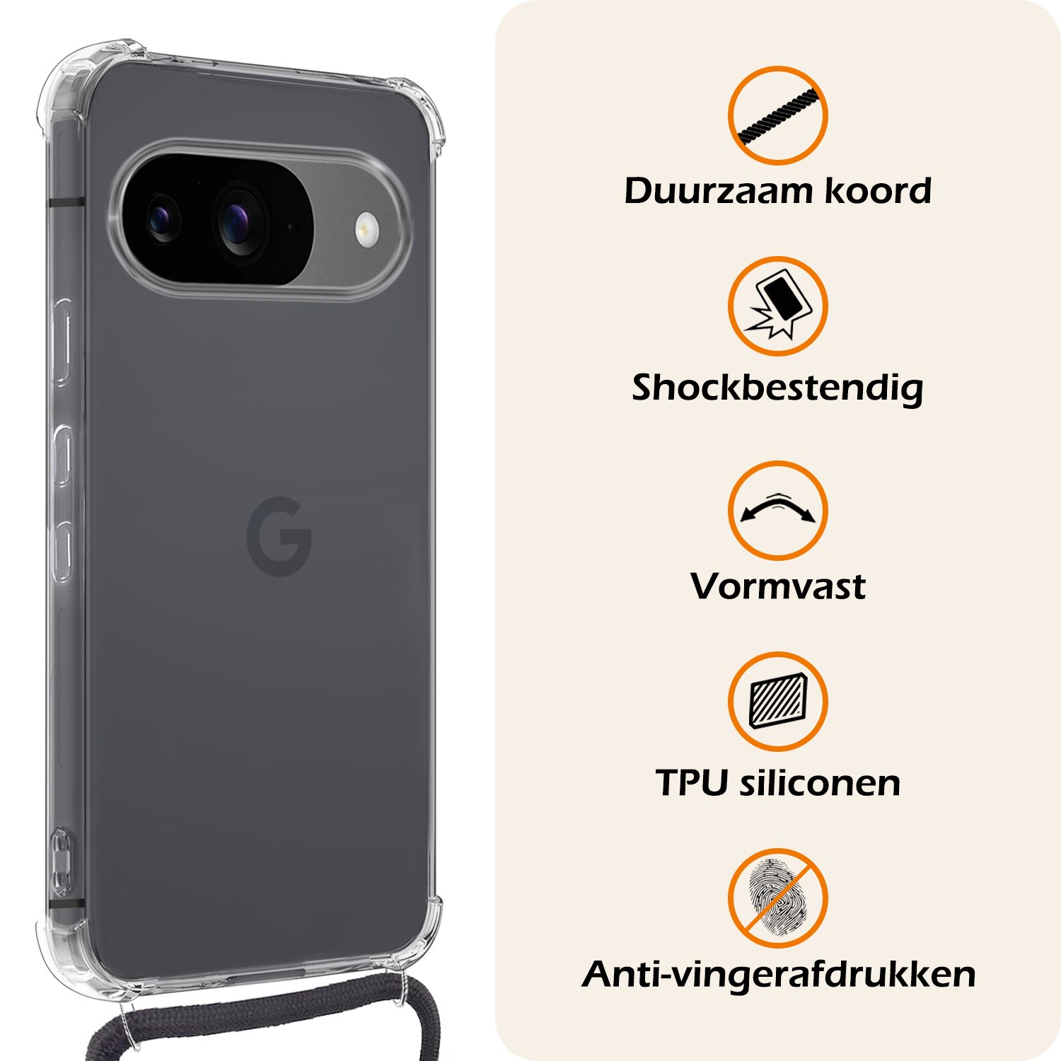 Nomfy Hoesje Geschikt voor Google Pixel 9 Hoesje Siliconen Shock Proof Hoesje Met Koord Case Met Telefoonkoord - Hoes Geschikt voor Google Pixel 9 Hoesje Cover Shockproof Met Koord - Transparant