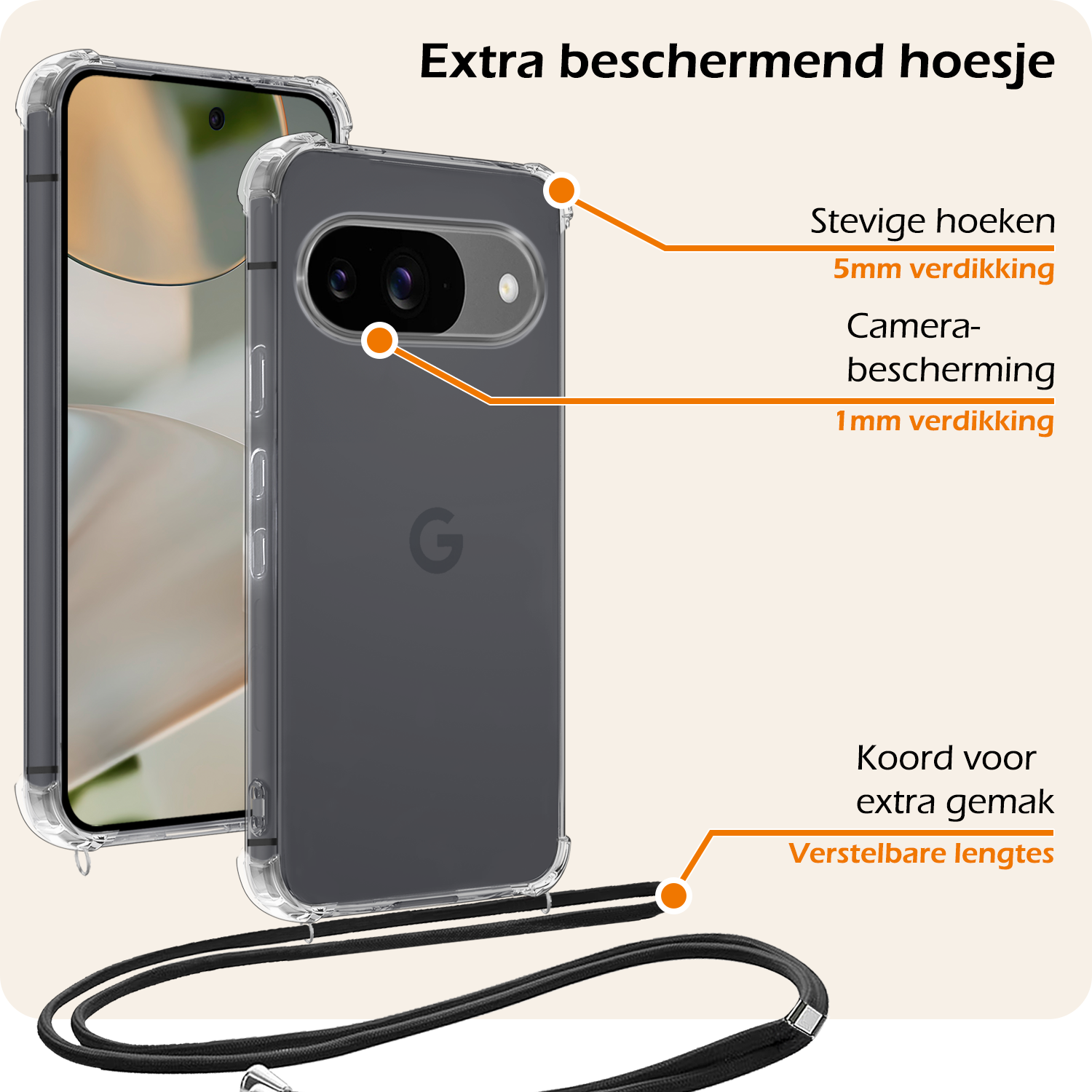 Nomfy Hoesje Geschikt voor Google Pixel 9 Hoesje Siliconen Shock Proof Hoesje Met Koord Case Met Telefoonkoord - Hoes Geschikt voor Google Pixel 9 Hoesje Cover Shockproof Met Koord - Transparant