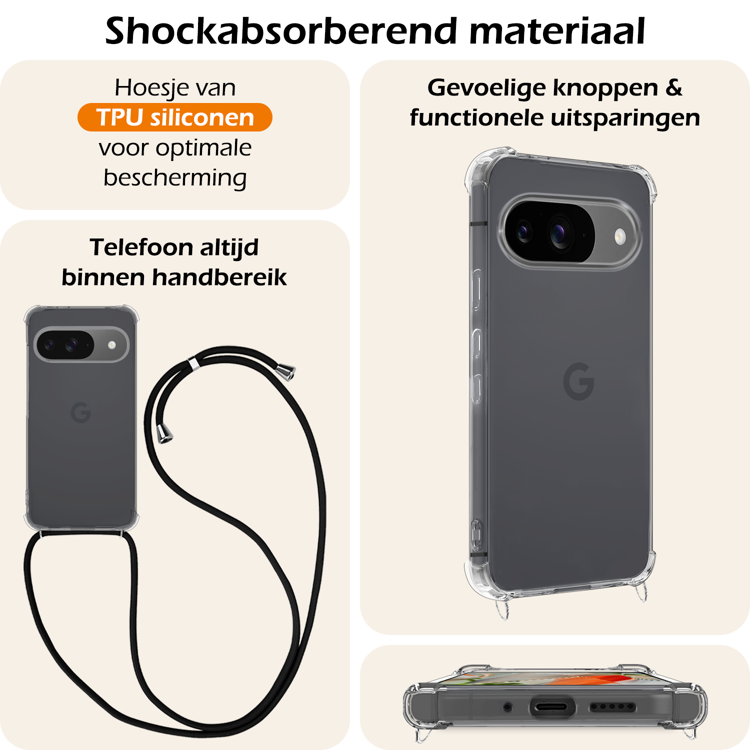 Nomfy Hoesje Geschikt voor Google Pixel 9 Hoesje Siliconen Shock Proof Hoesje Met Koord Case Met Telefoonkoord - Hoes Geschikt voor Google Pixel 9 Hoesje Cover Shockproof Met Koord - Transparant