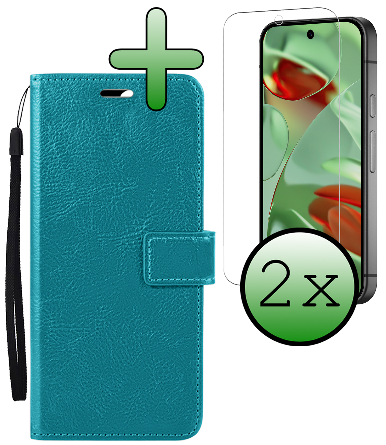 BASEY. Hoesje Geschikt voor Google Pixel 9 Hoesje Book Case Hoes Portemonnee Cover Walletcase Met 2x Screenprotector - Hoes Geschikt voor Google Pixel 9 Hoes Bookcase Hoesje - Turquoise