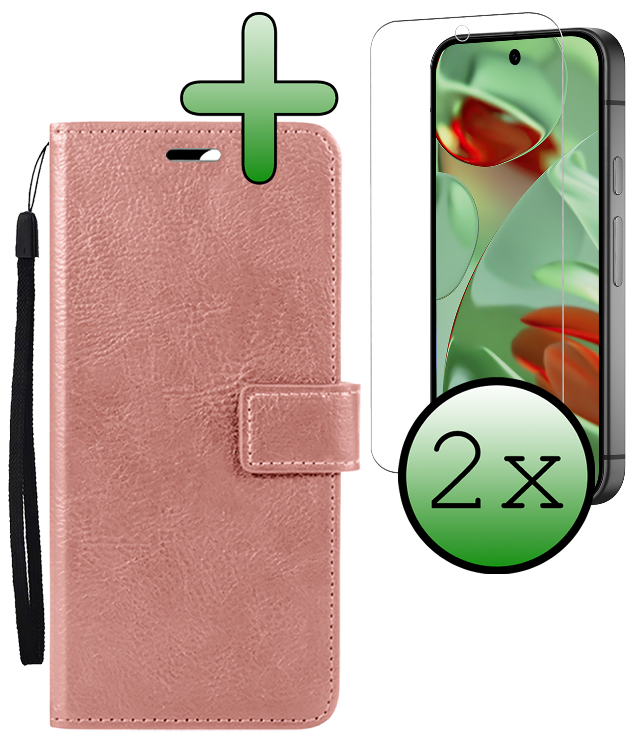 BASEY. Hoesje Geschikt voor Google Pixel 9 Hoesje Book Case Hoes Portemonnee Cover Walletcase Met 2x Screenprotector - Hoes Geschikt voor Google Pixel 9 Hoes Bookcase Hoesje - Rosé goud