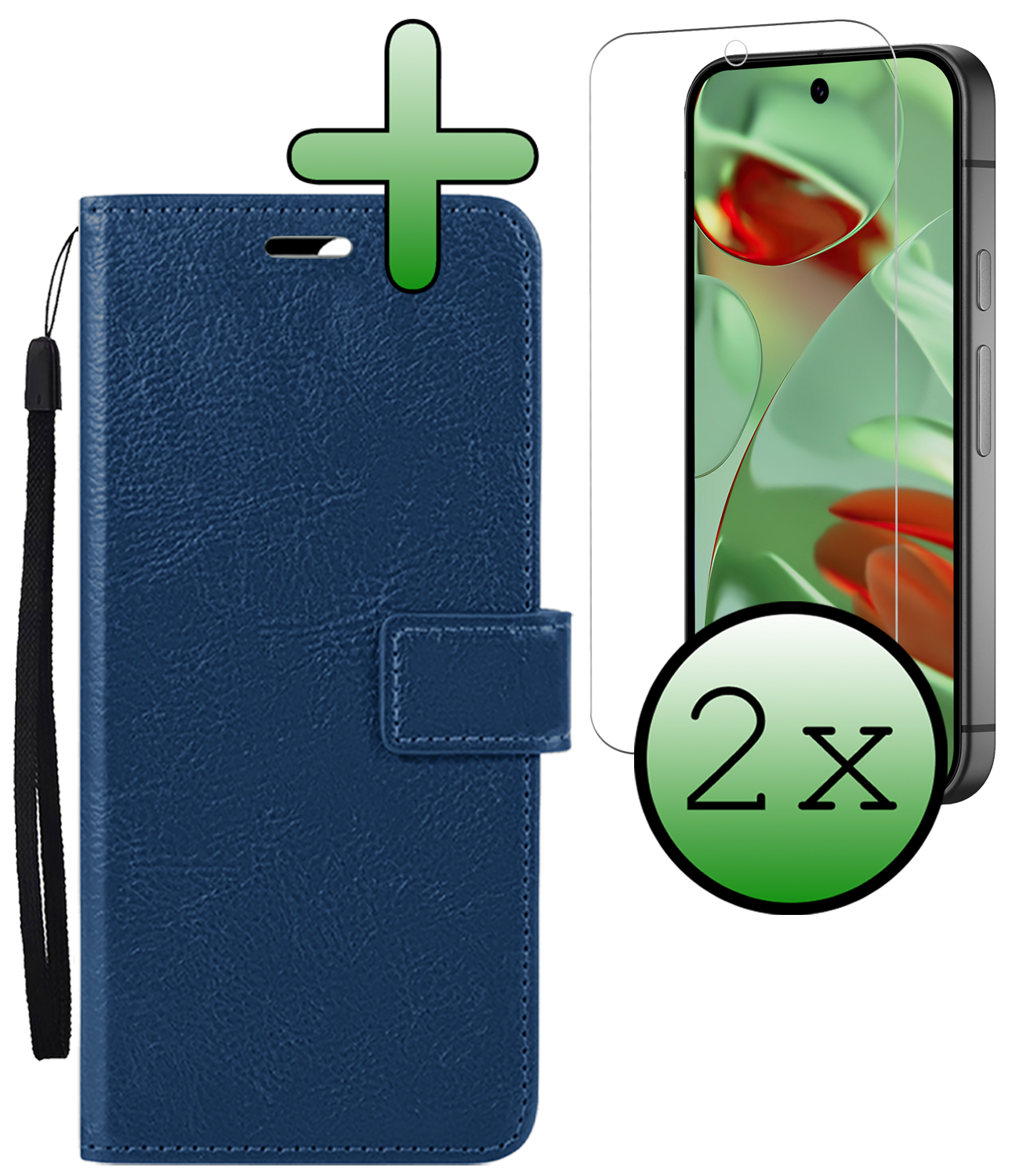 BASEY. Hoesje Geschikt voor Google Pixel 9 Hoesje Book Case Hoes Portemonnee Cover Walletcase Met 2x Screenprotector - Hoes Geschikt voor Google Pixel 9 Hoes Bookcase Hoesje - Donkerblauw