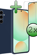 BASEY. Hoes Geschikt voor Samsung S24 FE Hoesje Siliconen Back Cover Case Met 2x Screenprotector - Hoesje Geschikt voor Samsung Galaxy S24 FE Hoes Cover Hoesje - Donkerblauw