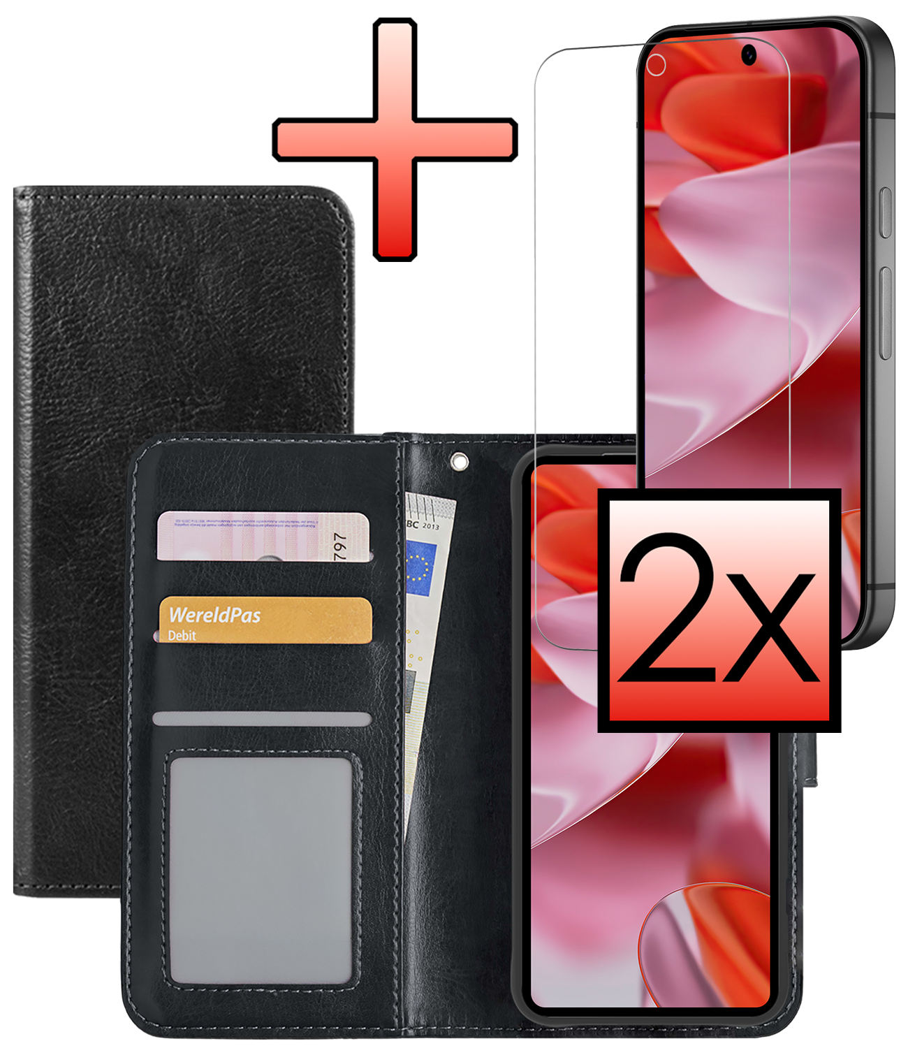 NoXx Hoesje Geschikt voor Google Pixel 9 Pro Hoesje Book Case Hoes Portemonnee Cover Walletcase Met 2x Screenprotector - Hoes Geschikt voor Google Pixel 9 Pro Hoes Bookcase Hoesje - Zwart