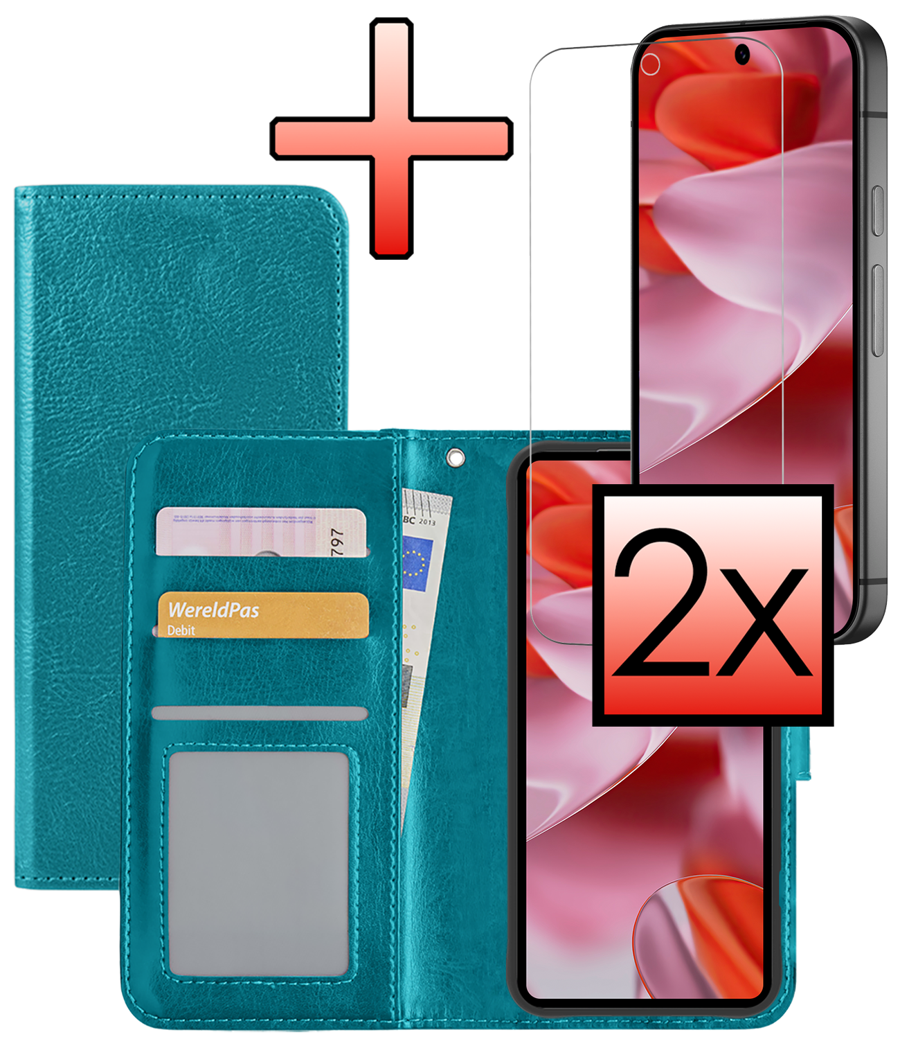 NoXx Hoesje Geschikt voor Google Pixel 9 Pro Hoesje Book Case Hoes Portemonnee Cover Walletcase Met 2x Screenprotector - Hoes Geschikt voor Google Pixel 9 Pro Hoes Bookcase Hoesje - Turquoise