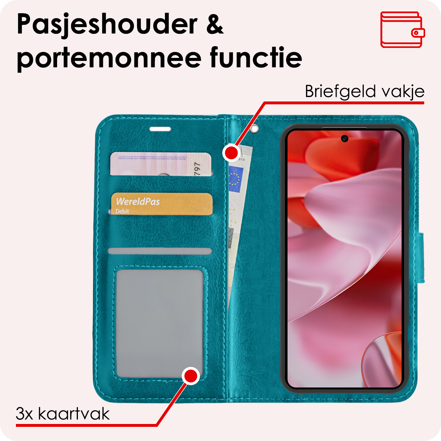 NoXx Hoesje Geschikt voor Google Pixel 9 Pro Hoesje Book Case Hoes Portemonnee Cover Walletcase Met 2x Screenprotector - Hoes Geschikt voor Google Pixel 9 Pro Hoes Bookcase Hoesje - Turquoise