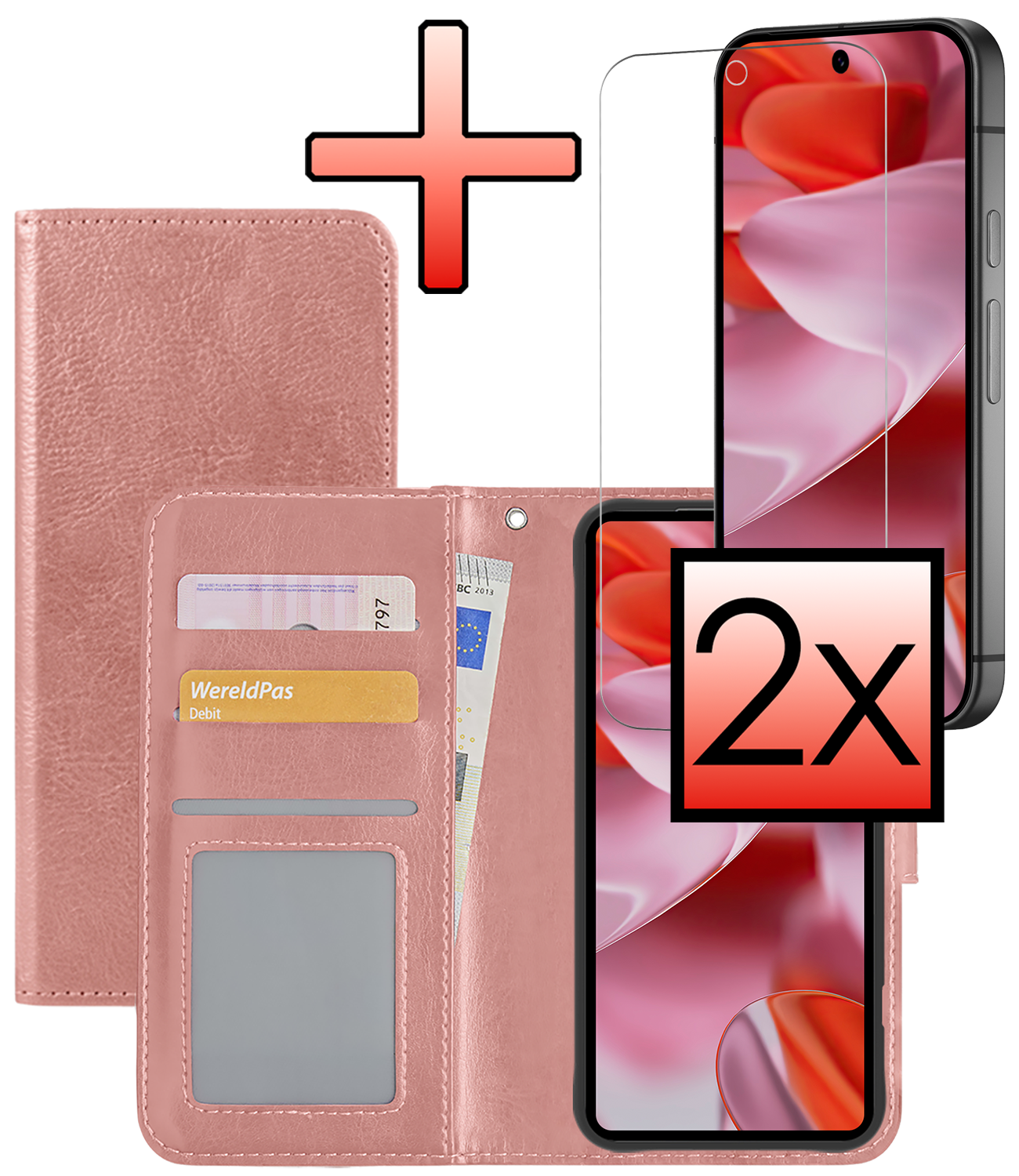 NoXx Hoesje Geschikt voor Google Pixel 9 Pro Hoesje Book Case Hoes Portemonnee Cover Walletcase Met 2x Screenprotector - Hoes Geschikt voor Google Pixel 9 Pro Hoes Bookcase Hoesje - Rosé goud