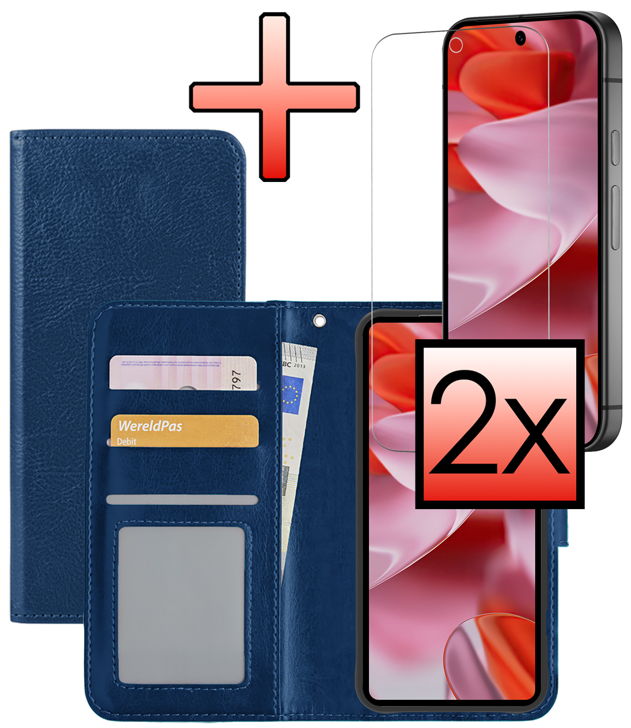 NoXx Hoesje Geschikt voor Google Pixel 9 Pro Hoesje Book Case Hoes Portemonnee Cover Walletcase Met 2x Screenprotector - Hoes Geschikt voor Google Pixel 9 Pro Hoes Bookcase Hoesje - Donkerblauw