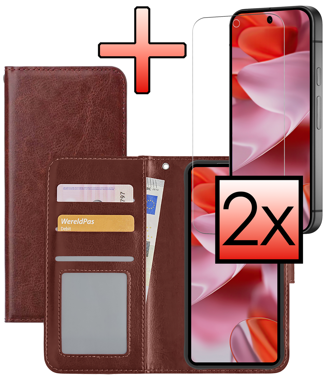 NoXx Hoesje Geschikt voor Google Pixel 9 Pro Hoesje Book Case Hoes Portemonnee Cover Walletcase Met 2x Screenprotector - Hoes Geschikt voor Google Pixel 9 Pro Hoes Bookcase Hoesje - Bruin