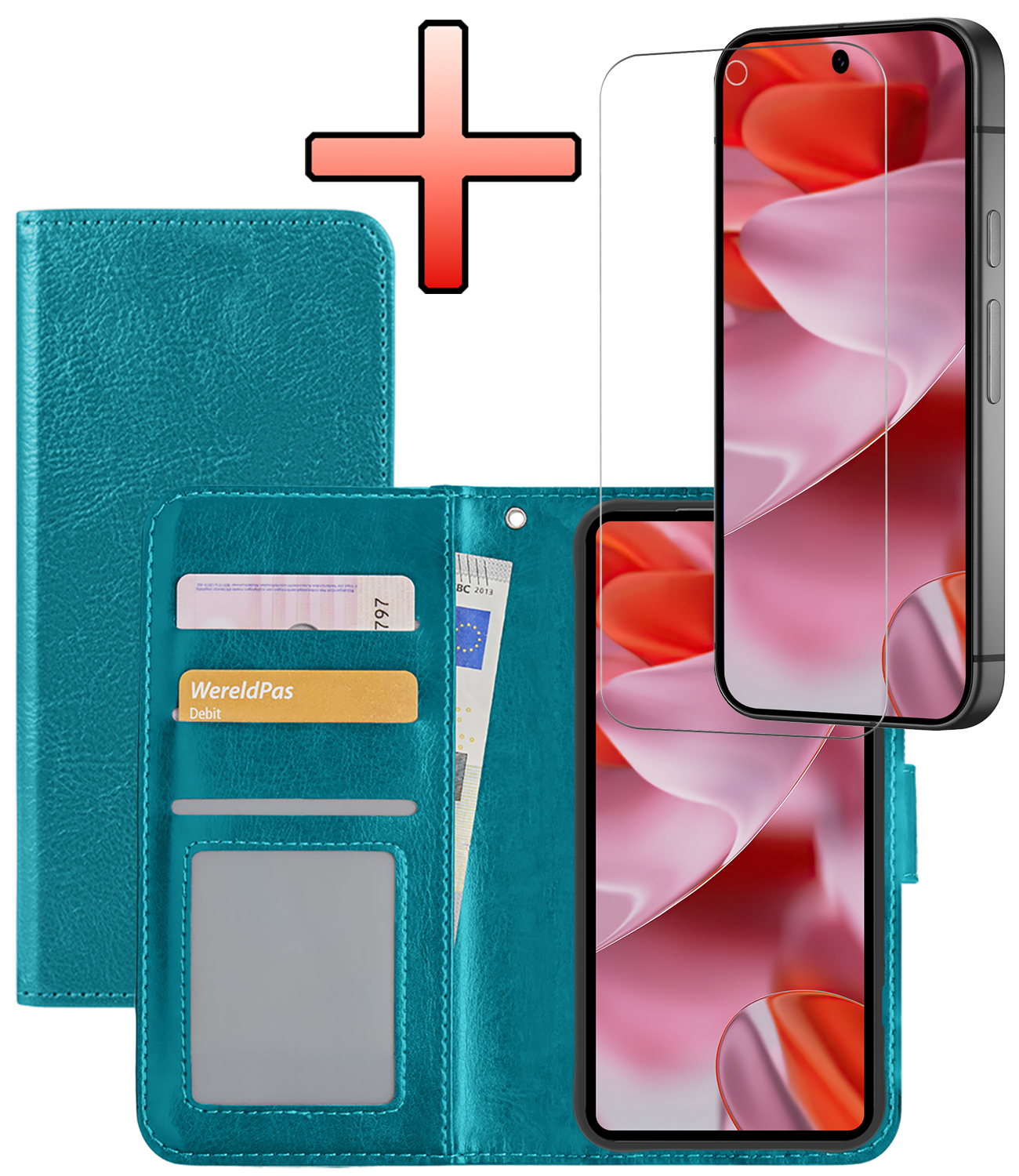NoXx Hoesje Geschikt voor Google Pixel 9 Pro Hoesje Book Case Hoes Portemonnee Cover Walletcase Met Screenprotector - Hoes Geschikt voor Google Pixel 9 Pro Hoes Bookcase Hoesje - Turquoise